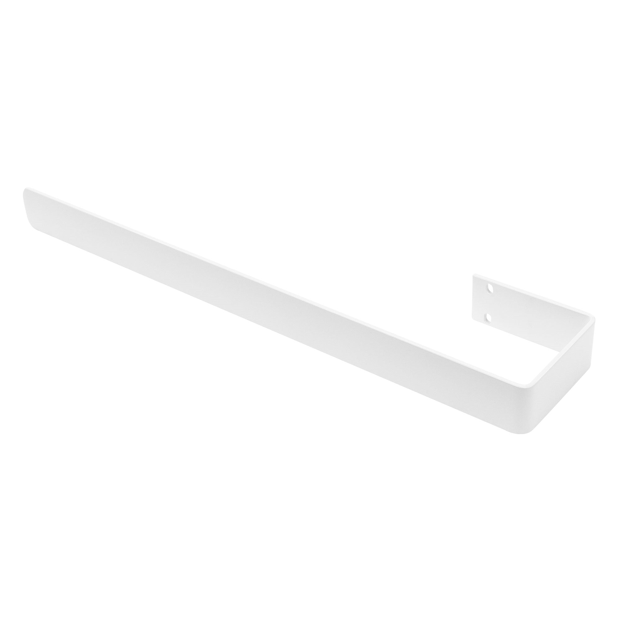 White towel holder with a long, straight bar.