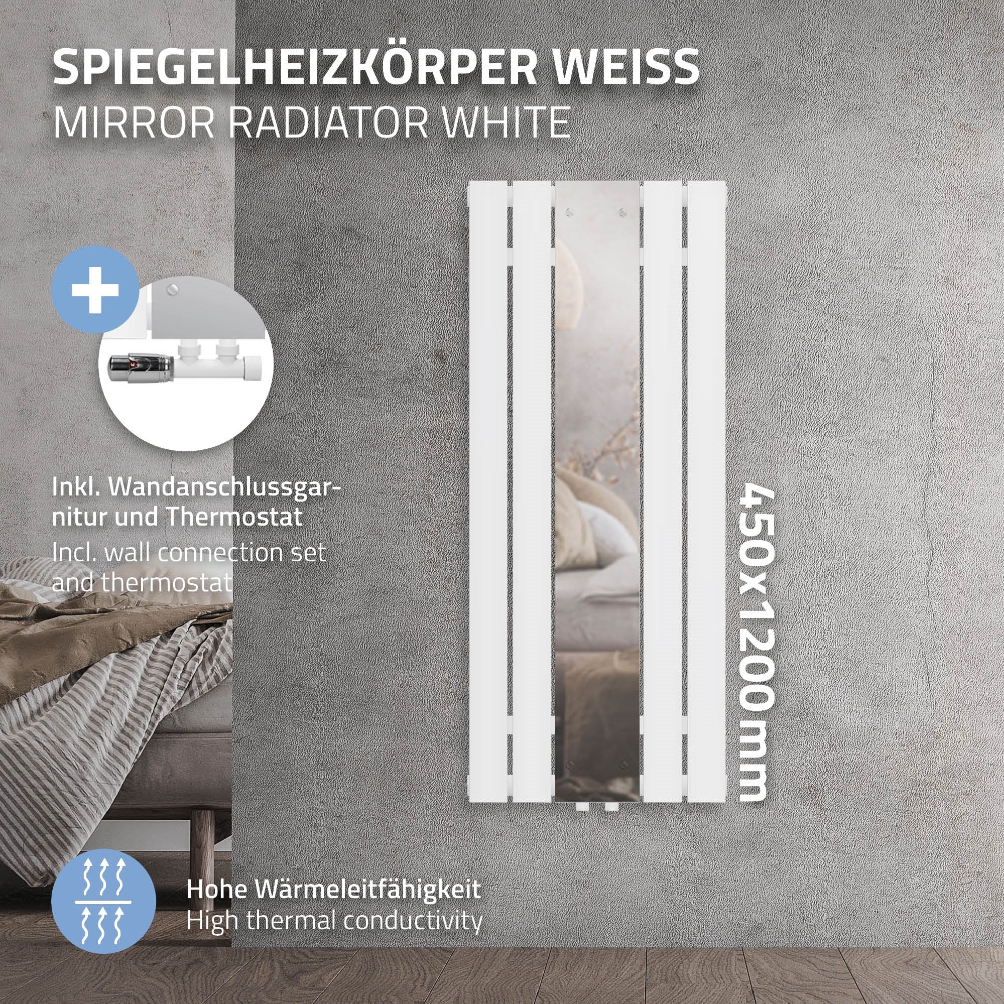 White mirror heating radiator with wall mount and thermostat.