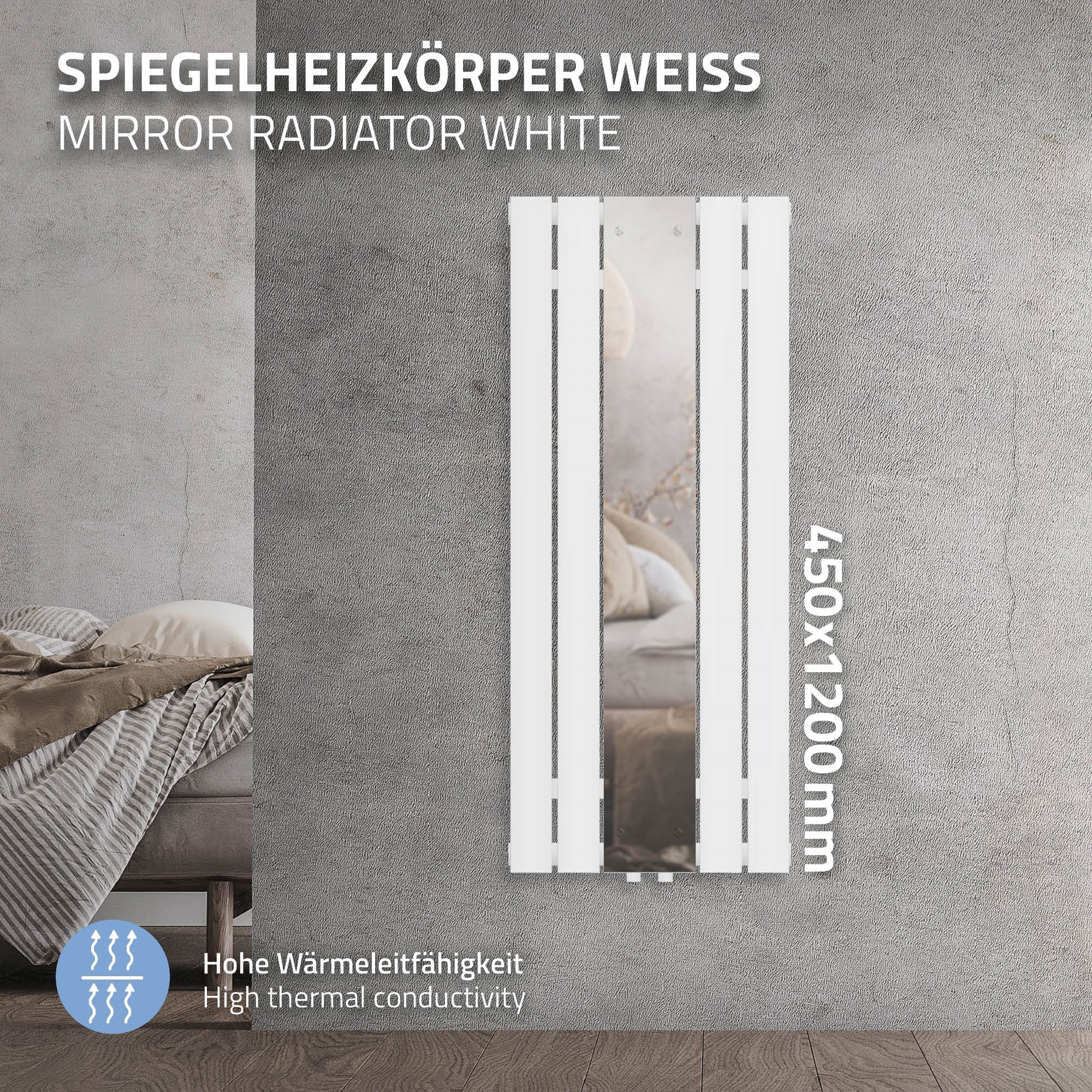 Spiegelheizkörper in Weiß, Maße 450x1200mm, hohe Wärmeleitfähigkeit.