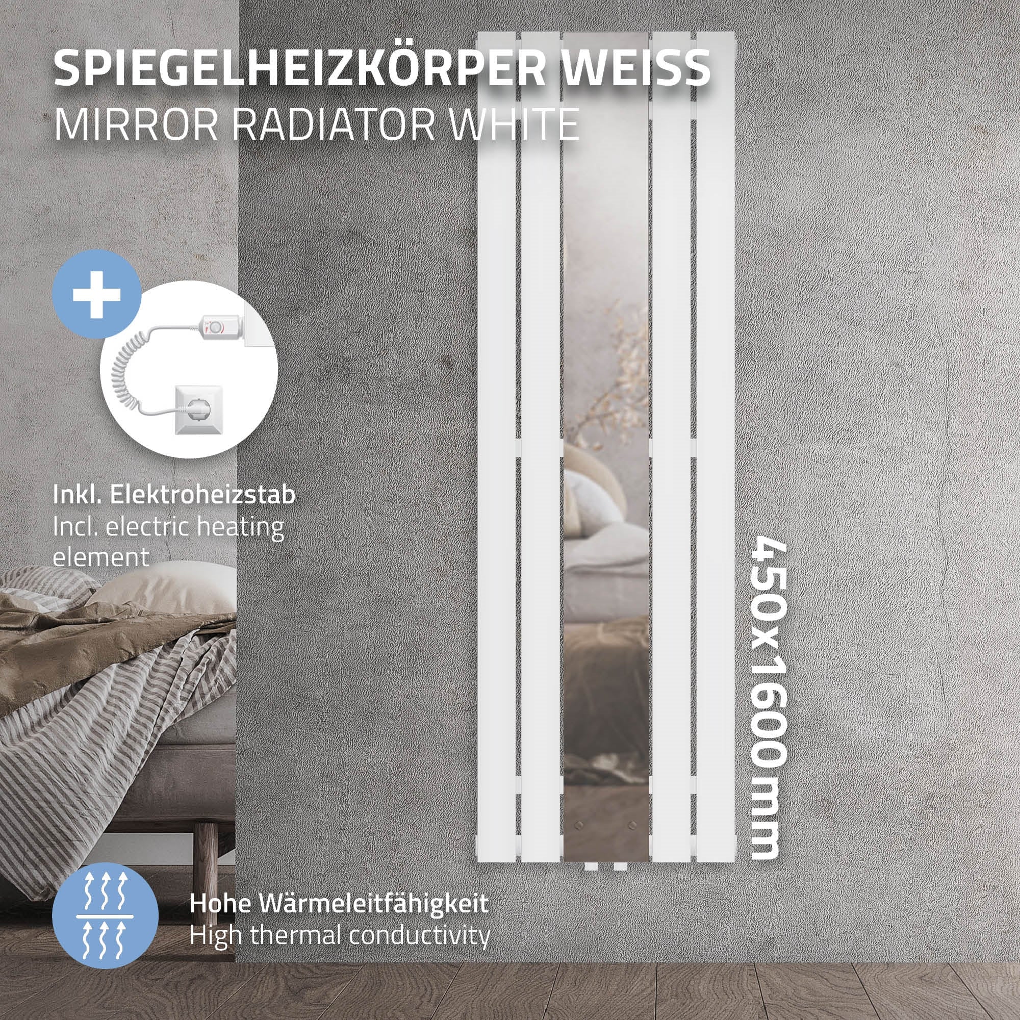 White radiator with mirror, mounted on a wall.