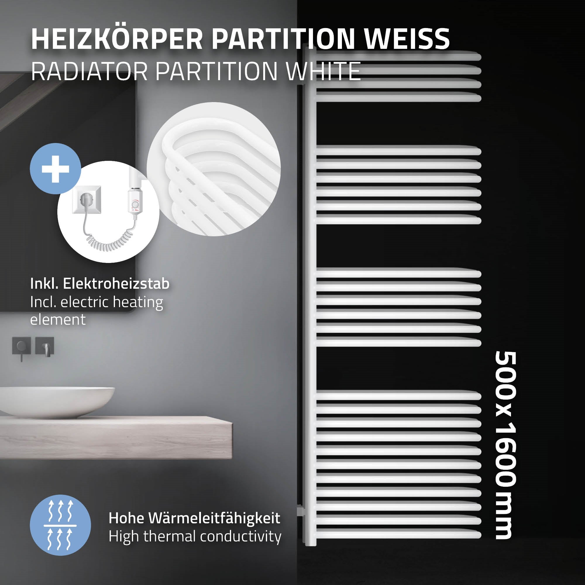 Hvid radiator med tekniske oplysninger og tilbehør.