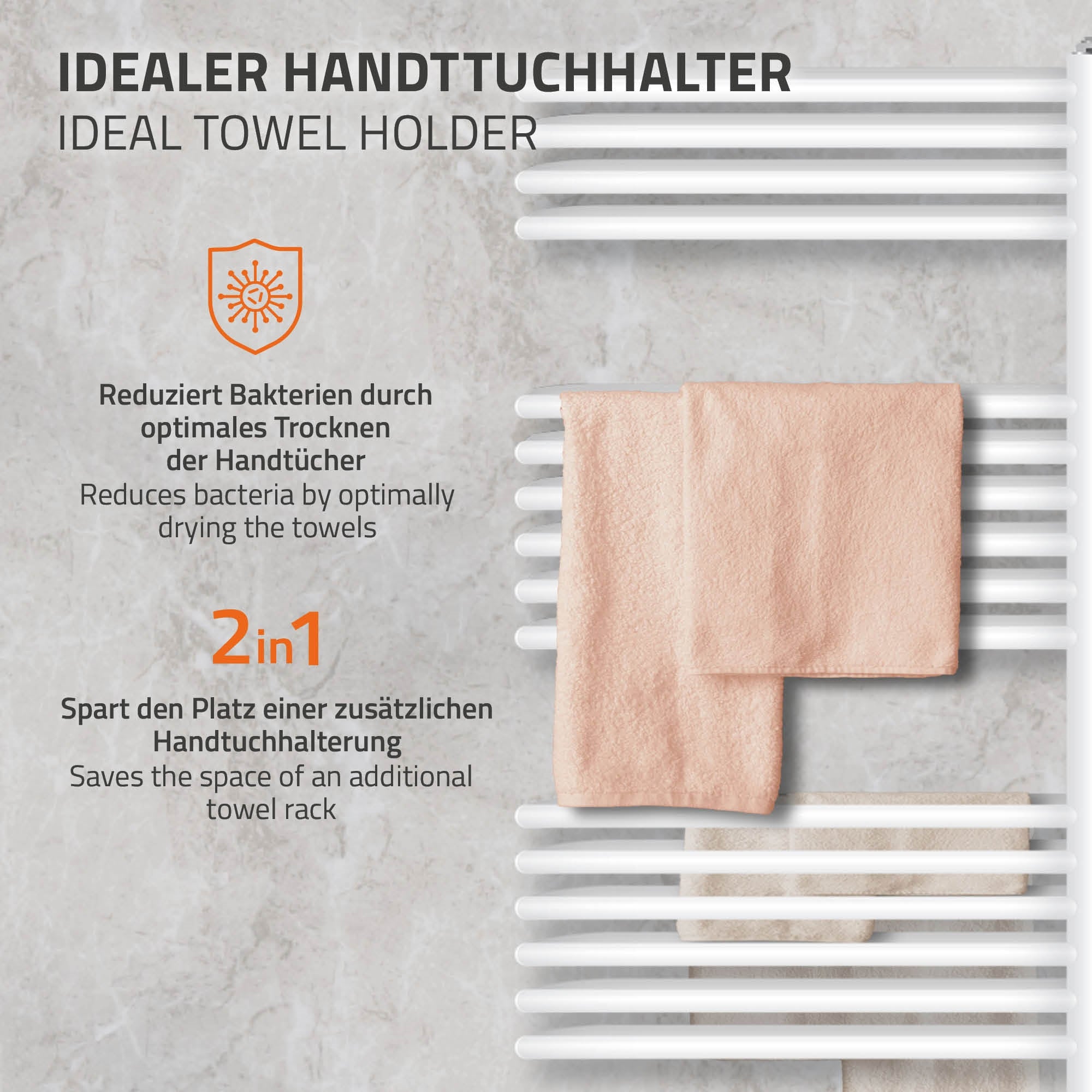 Håndklædeholder med to håndklæder i bløde farver.