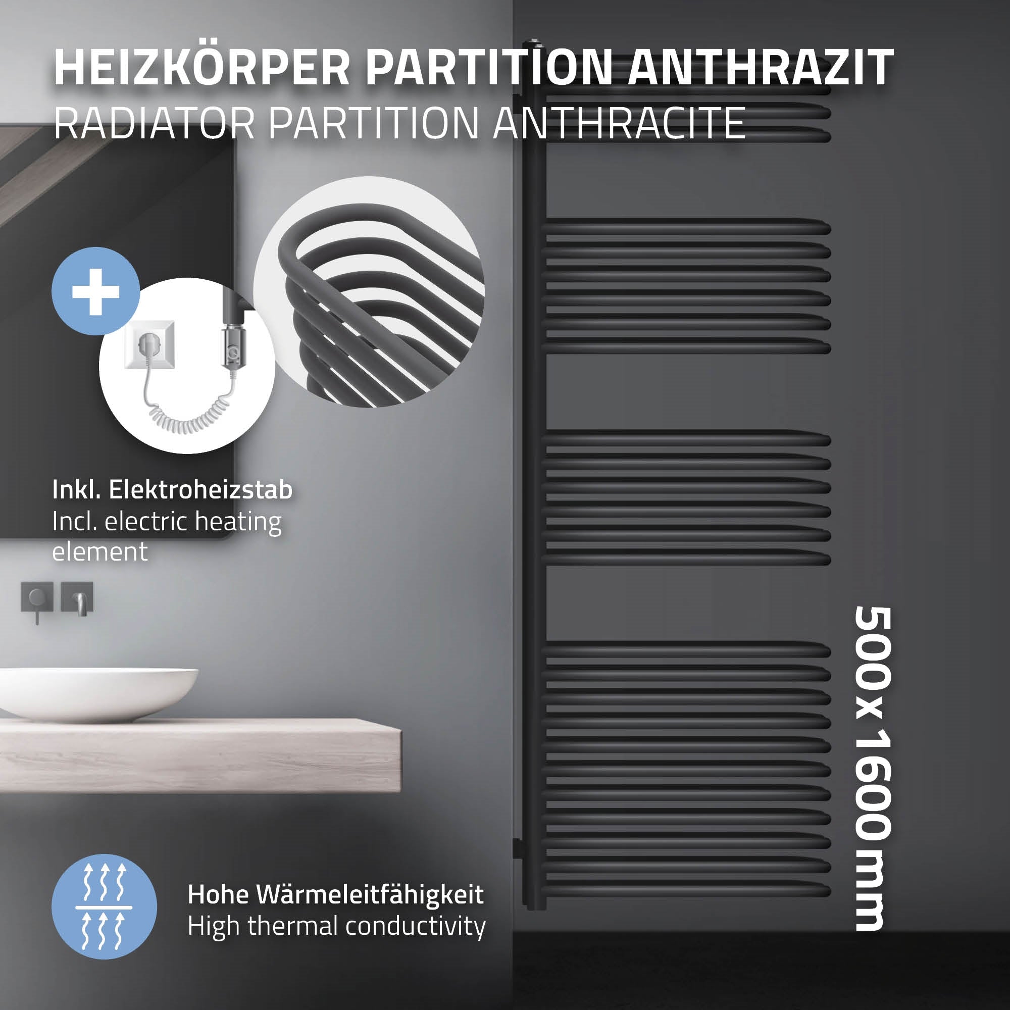 Partition de radiateur en anthracite avec barreau chauffant électrique, 500x1600 mm.