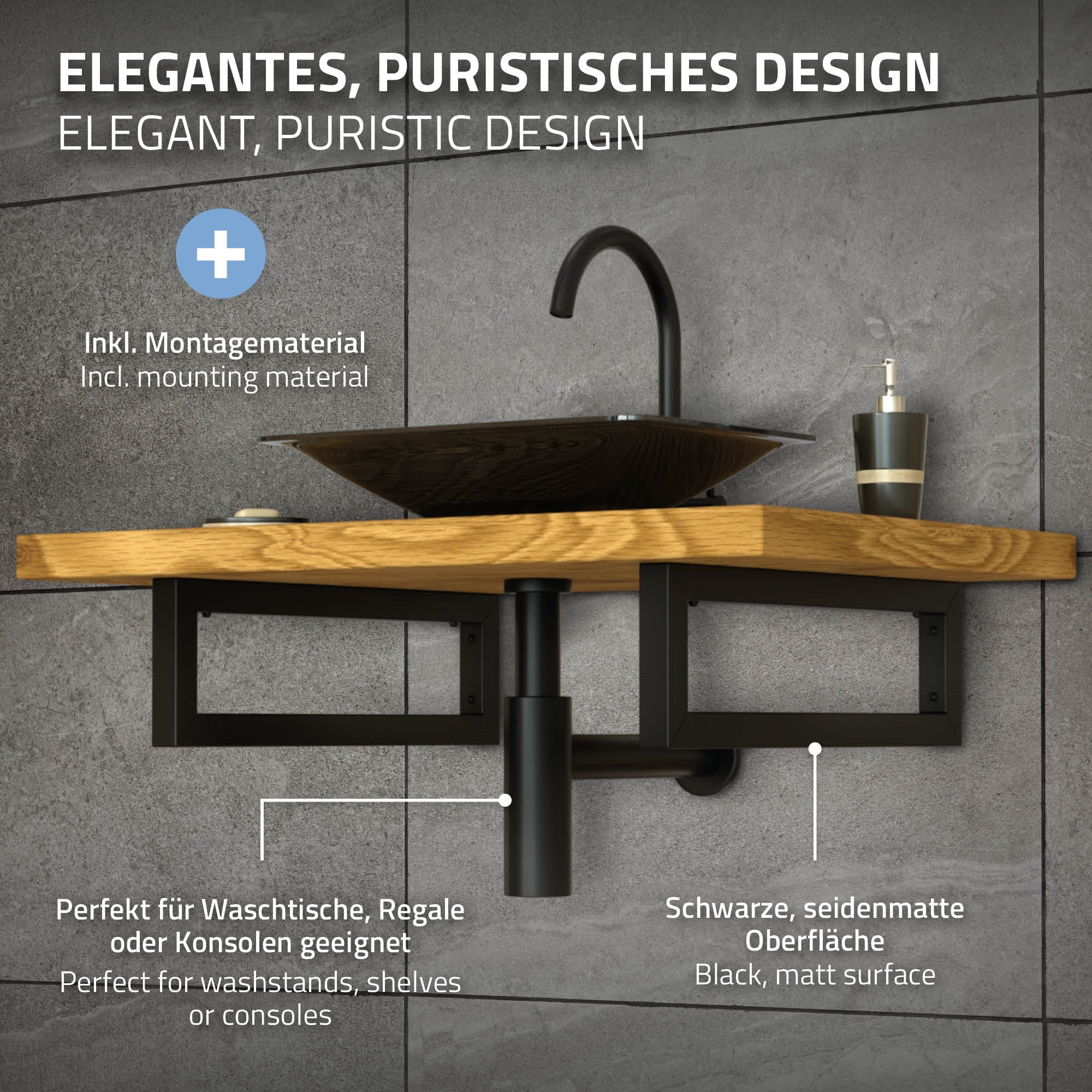 Wandregal mit Waschbecken und schwarzem Design.