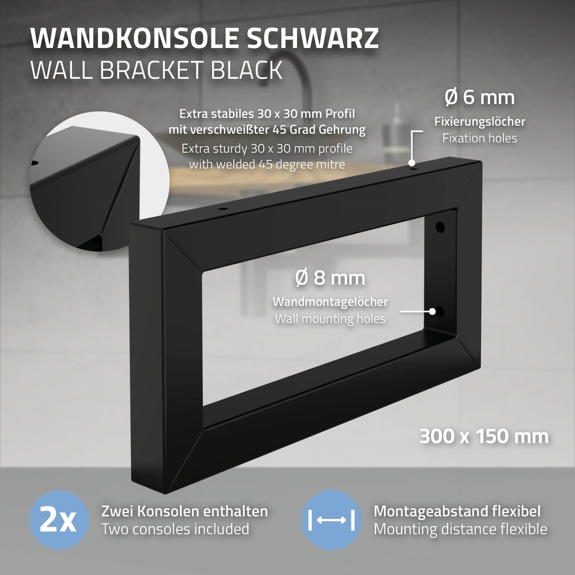 Schwarze Wandkonsole mit Maßen und Montagehinweisen auf einem hellen Hintergrund.