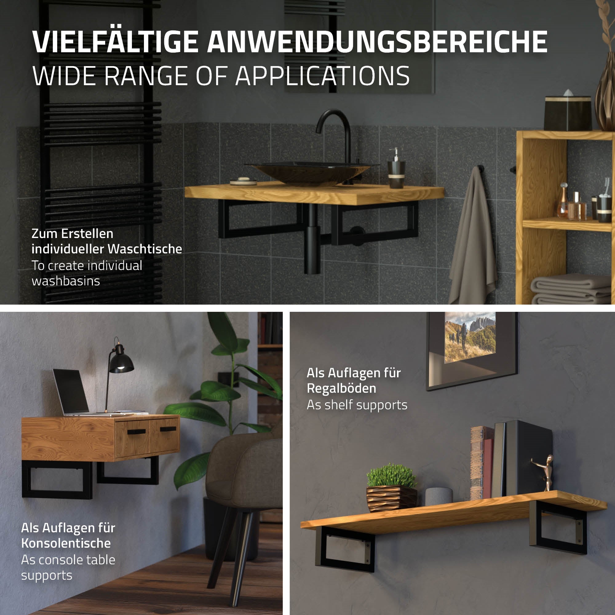 Drei verschiedene Anwendungen für Holzregale in einem modernen Raum.