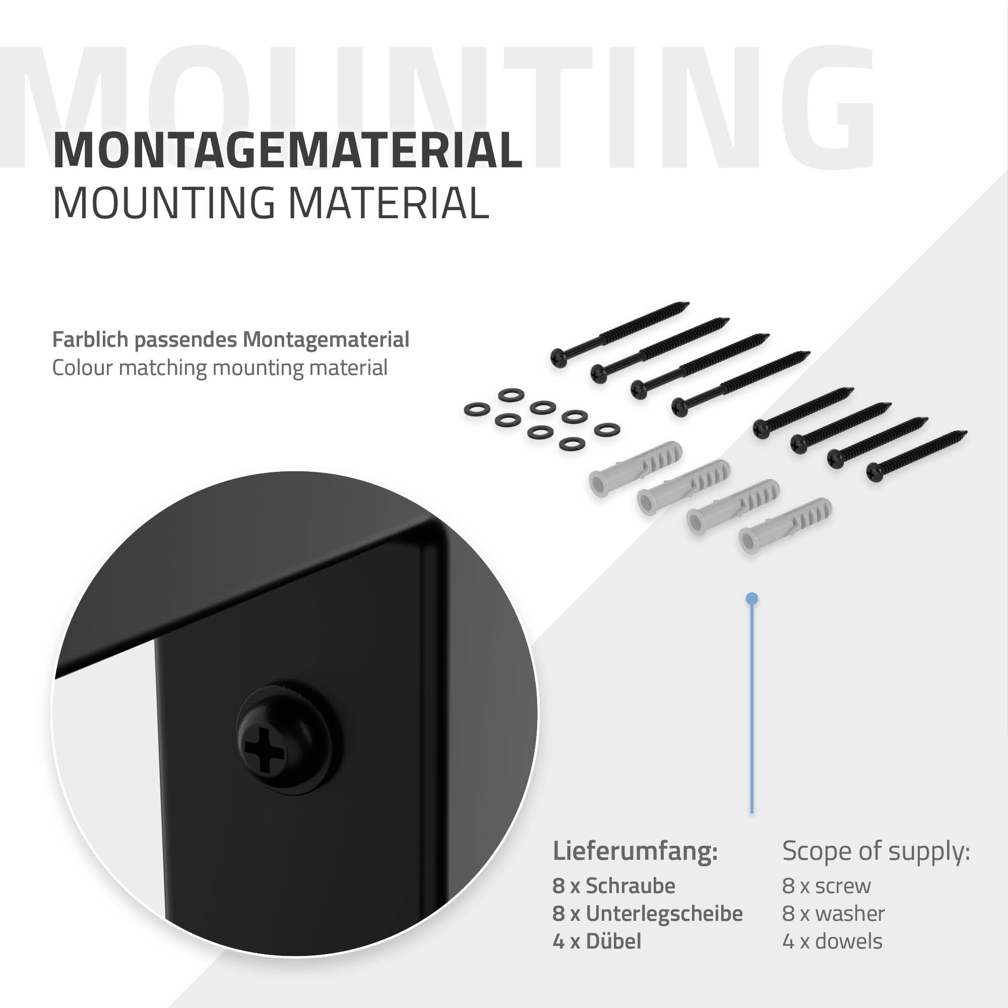 Montagematerial mit Schrauben, Unterlegscheiben und Dübel.