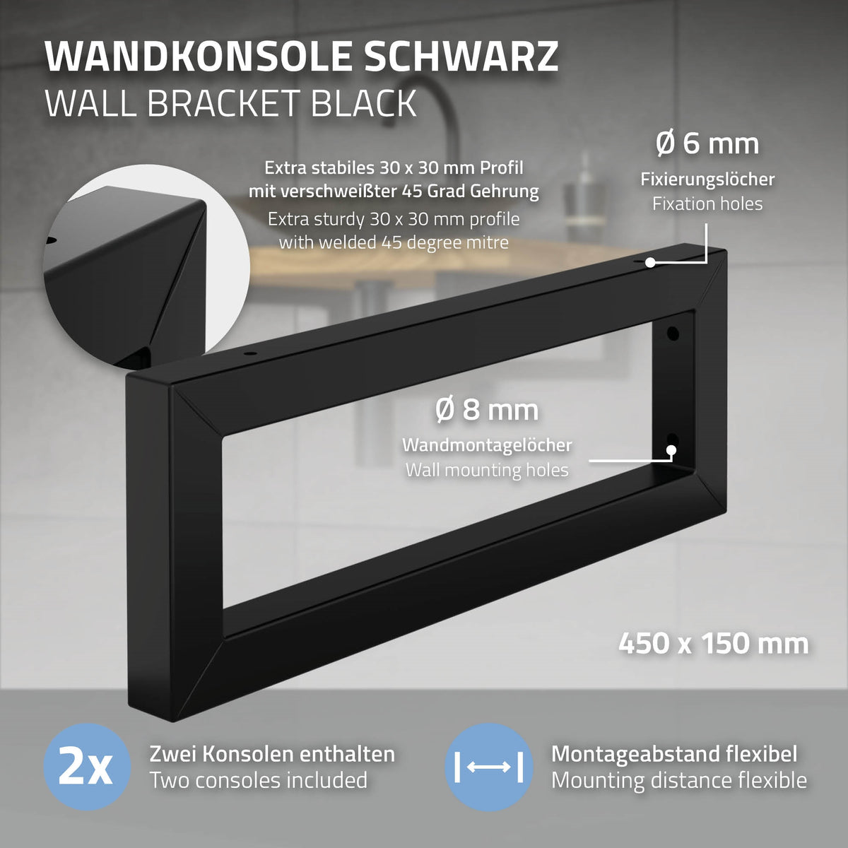 Schwarze Wandkonsole mit Fixierungs- und Wandmontagelöchern.