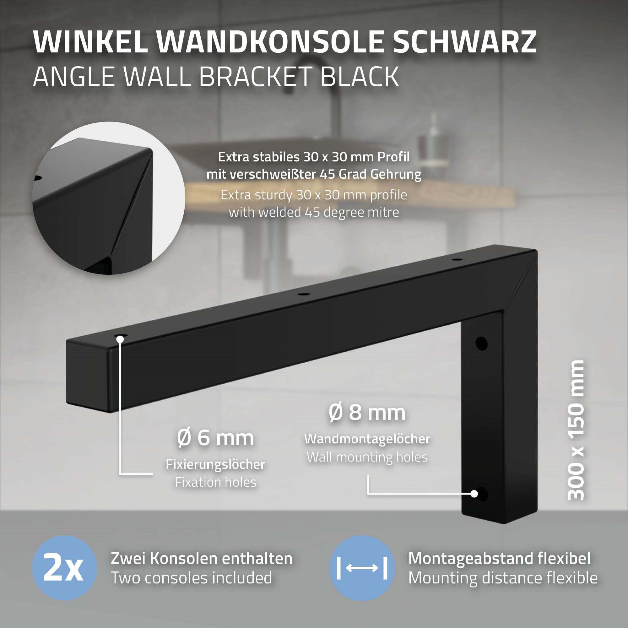 Schwarze Wandkonsole mit technischen Details auf einem grauen Hintergrund.