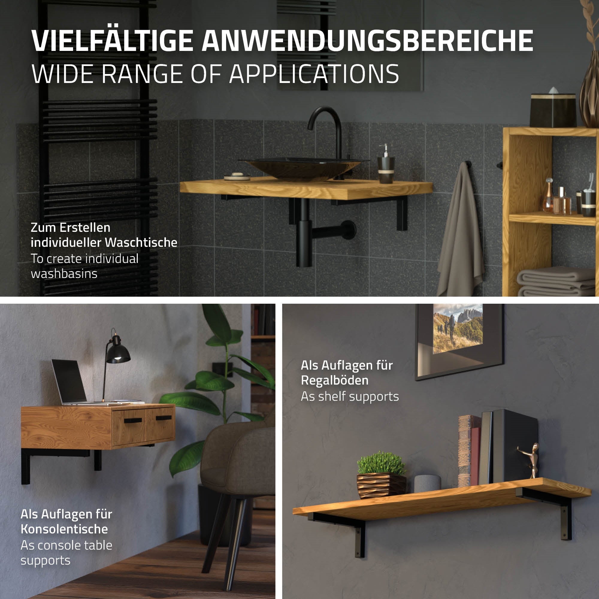 Holzregal mit Waschbecken und verschiedenen Anwendungsmöglichkeiten.