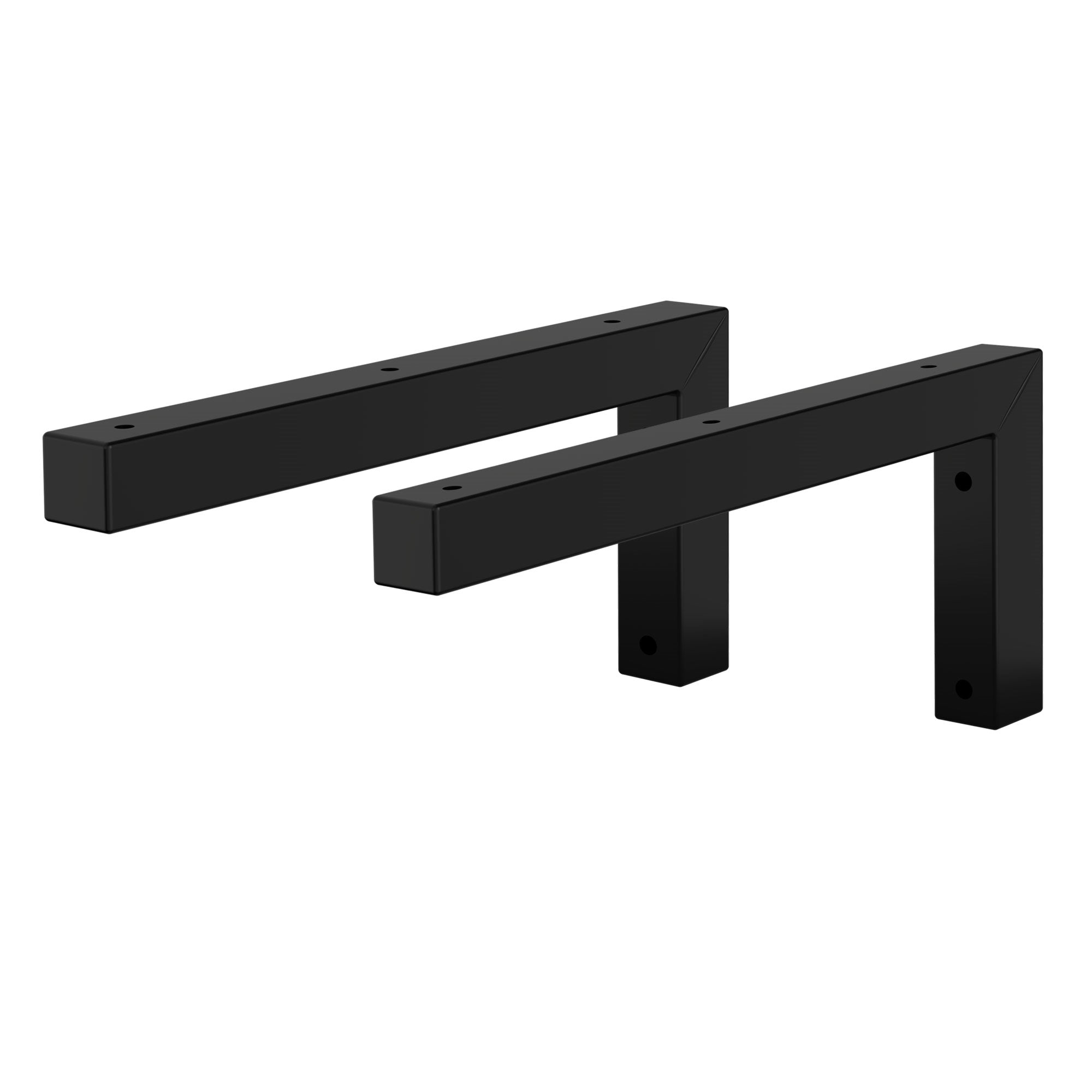 Zwei schwarze Metallhalterungen in L-Form.