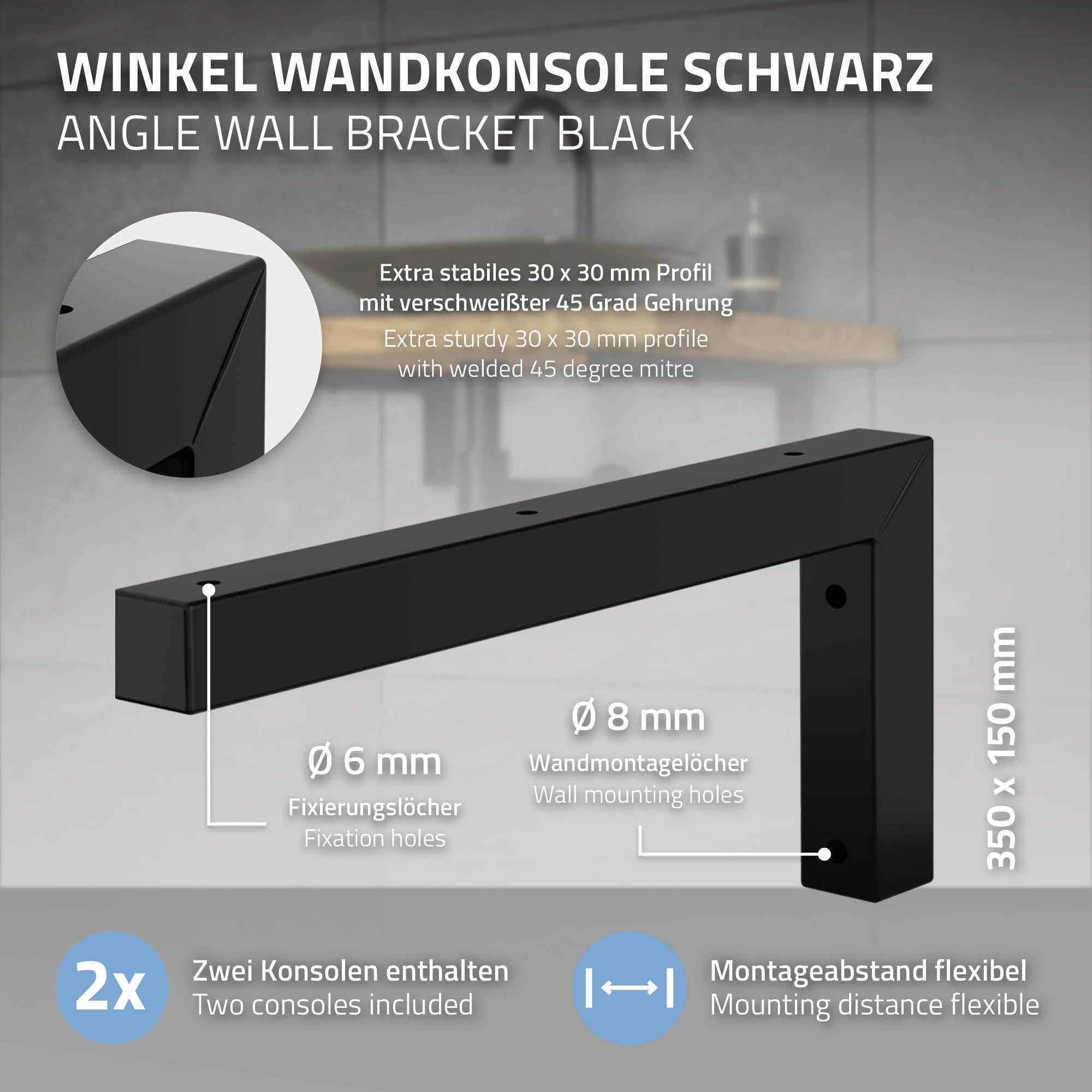 Schwarze Winkel-Wandkonsole mit Maßangaben und Fixierungslöchern.