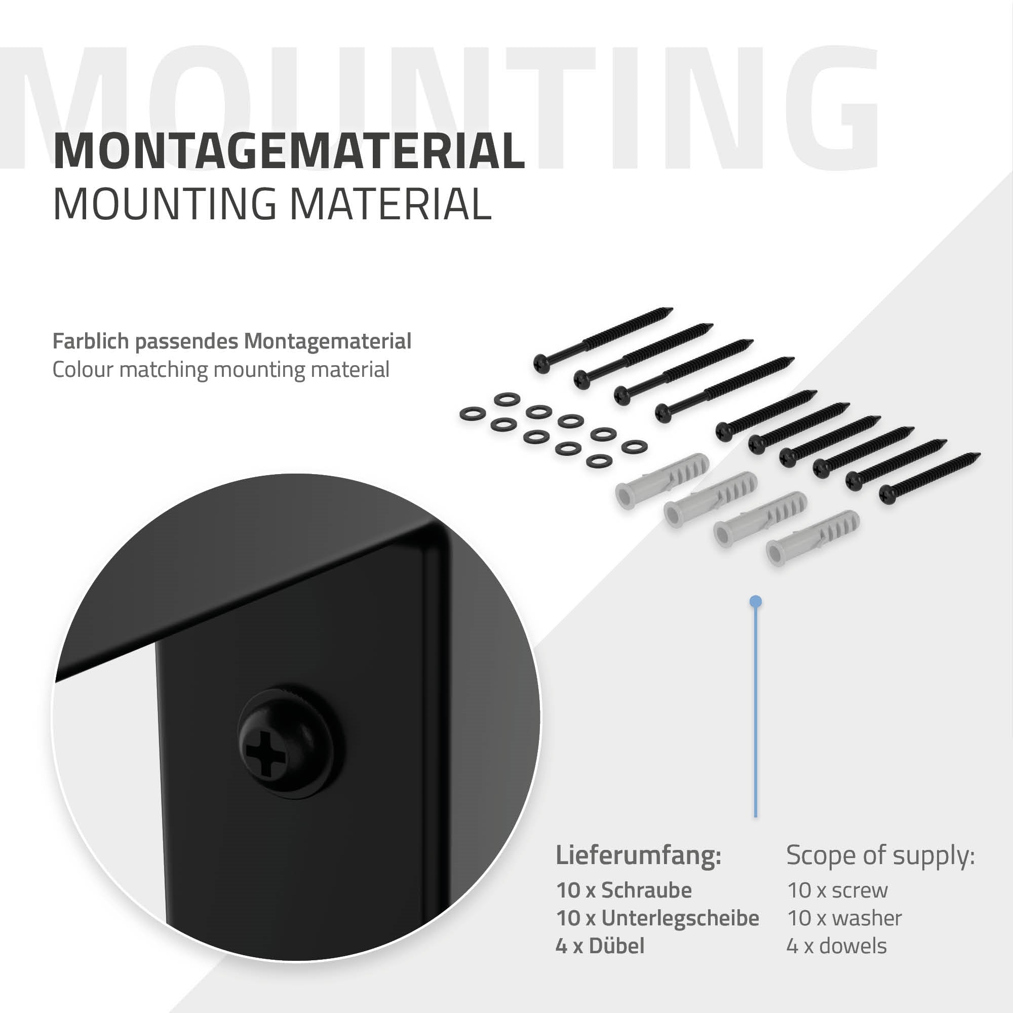 Montagematerial mit Schrauben, Unterlegscheiben und Dübel auf einem weißen Hintergrund.