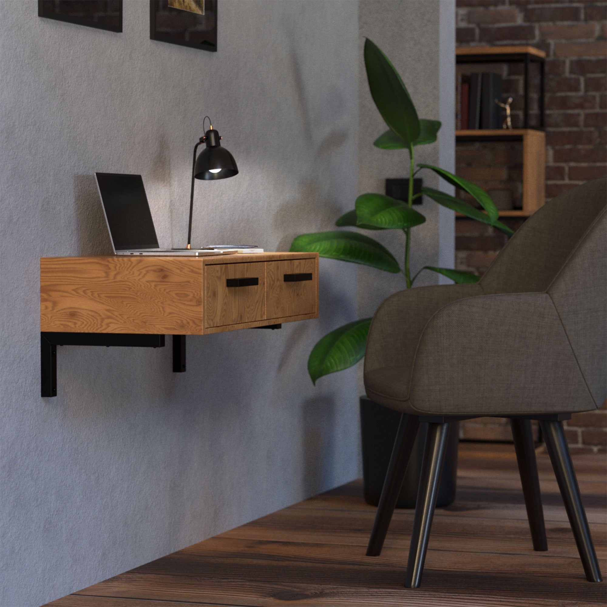 Wandregal mit Laptop, Lampe und Pflanze in einem Raum.