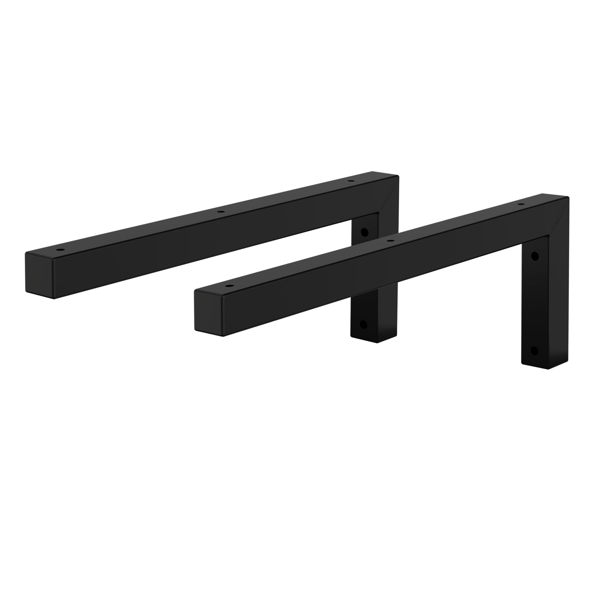 Zwei schwarze Halter, rechteckig, mit Bohrlöchern.