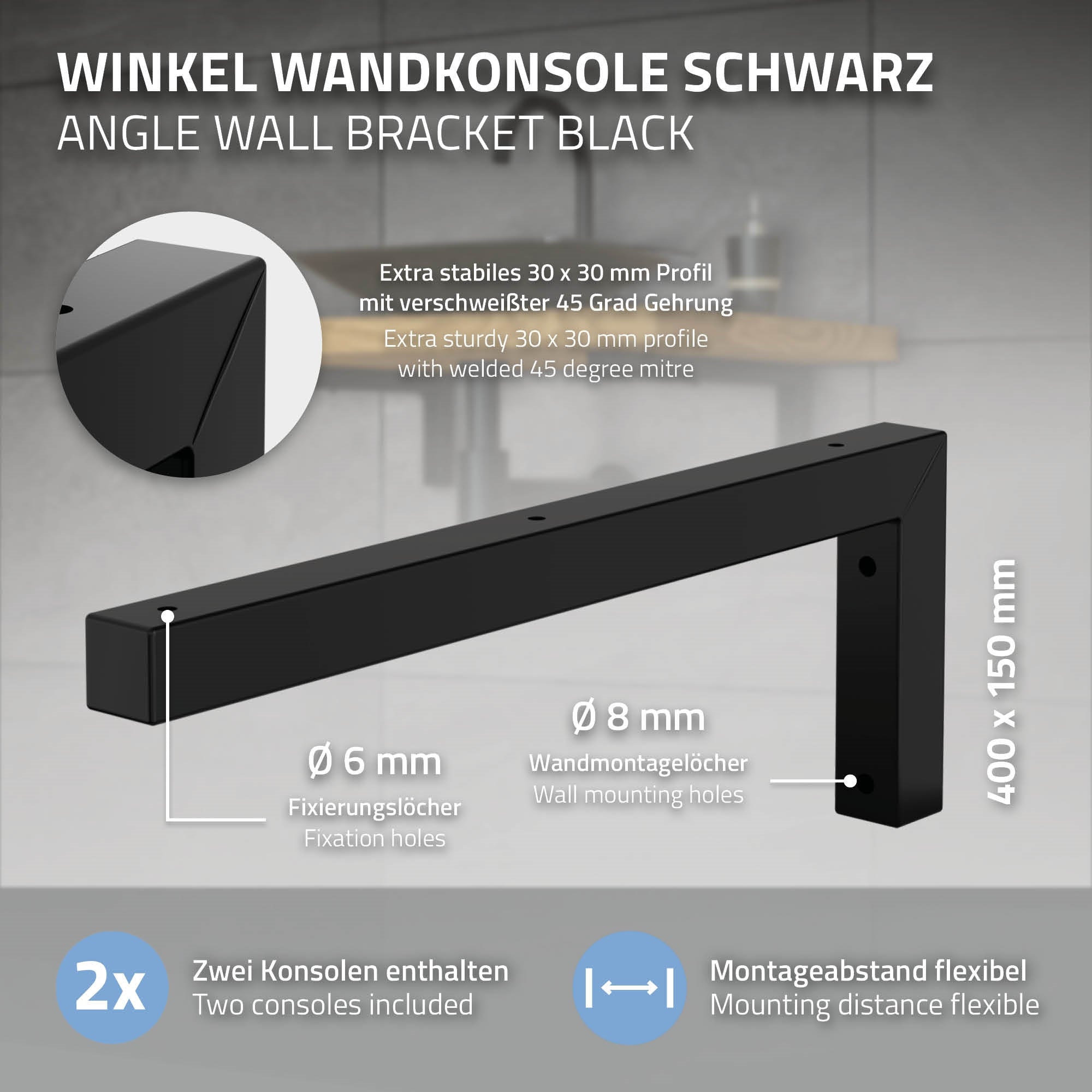 Grafik mit Details zu einer Winkel-Wandkonsole.