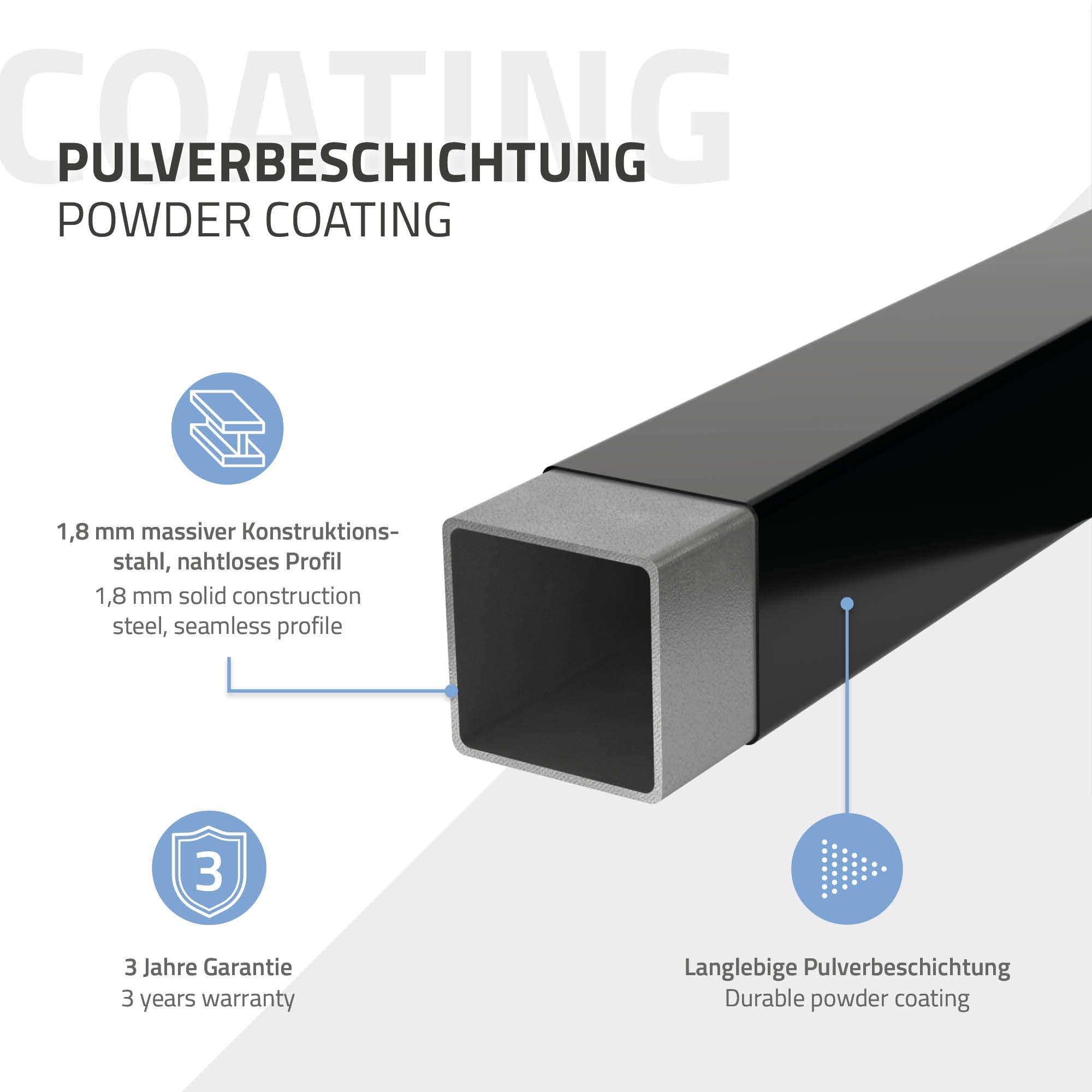 Schwarzes quadratisches Metallprofil mit Beschriftung.