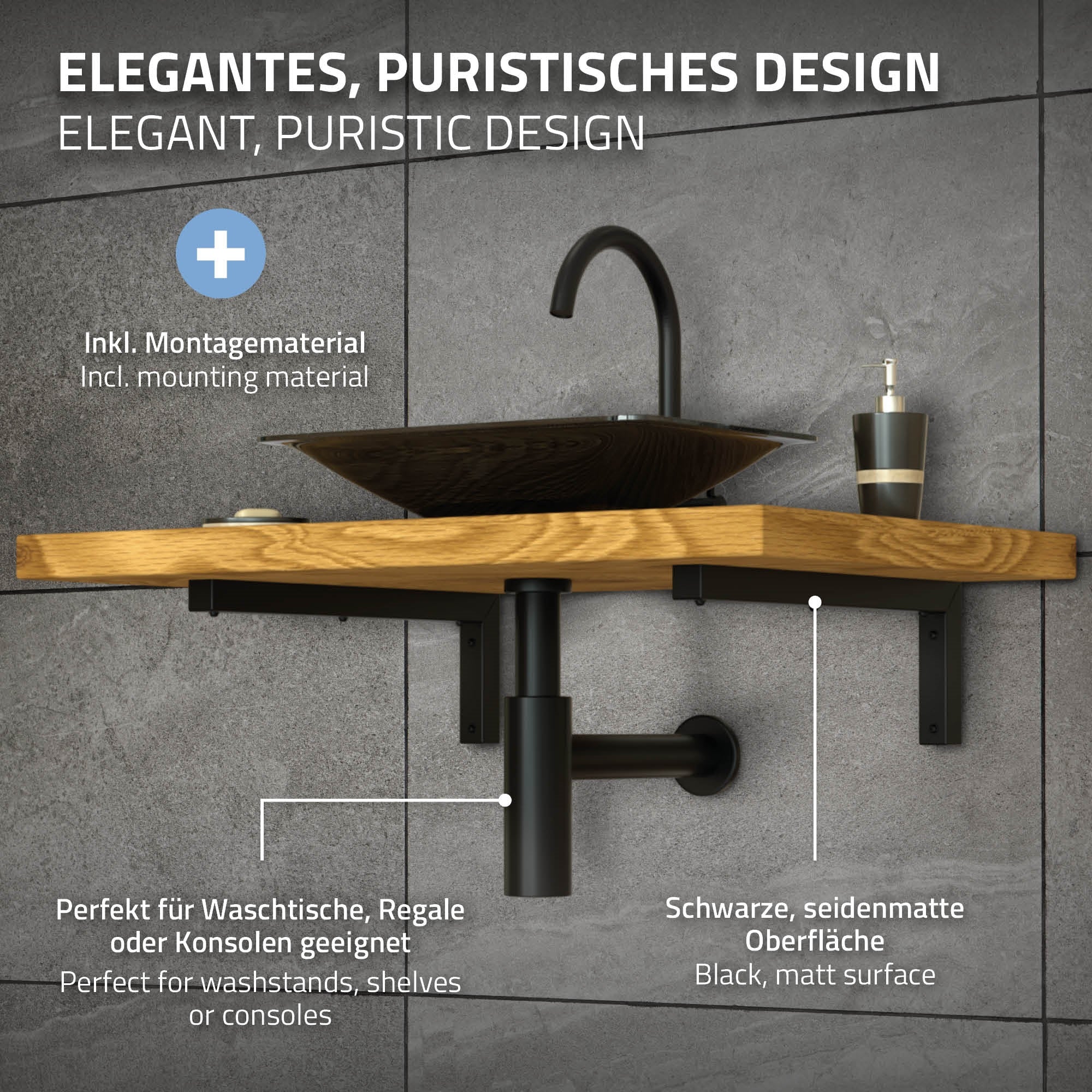 Waschtisch mit Holzplatte, schwarzem Wasserhahn und Seifenspender.