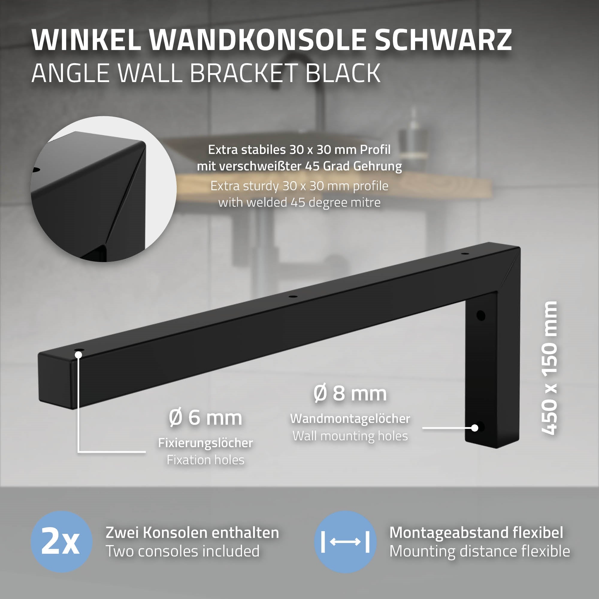 Technische Zeichnung eines schwarzen Winkel-Wandhalters mit Maßen und Fixierungshinweisen.