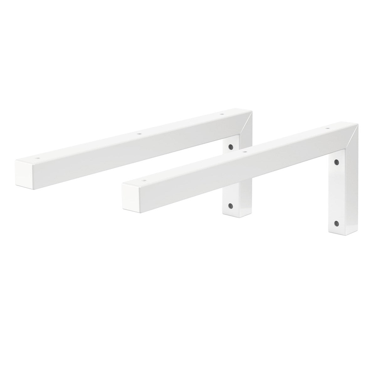 Twee witte plankdragers, rechthoekig en stevig.
