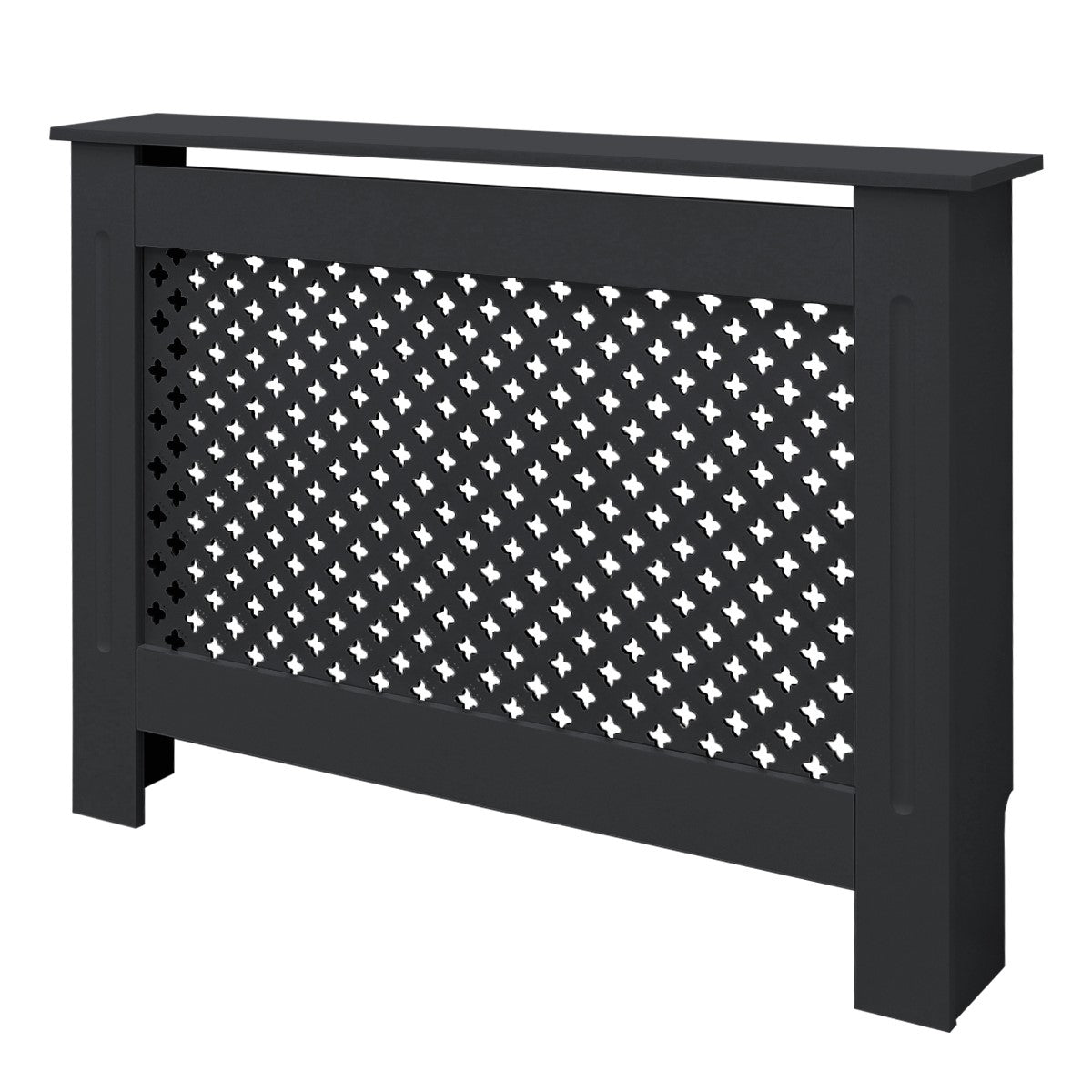 Zwarte radiatorombouw met een geometrisch patroon.