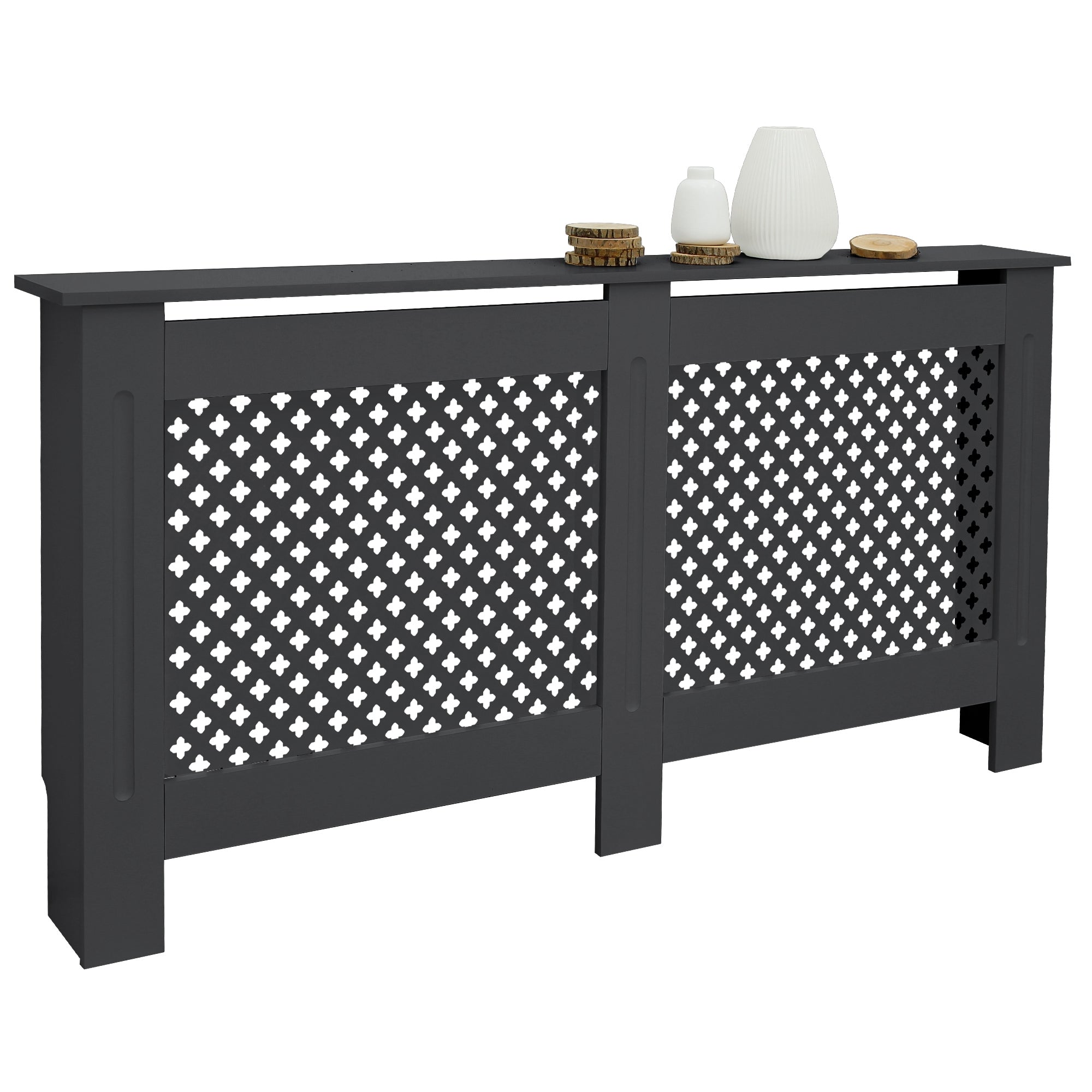 Zwart houten raster met decoratieve elementen en decoratieartikelen erop.