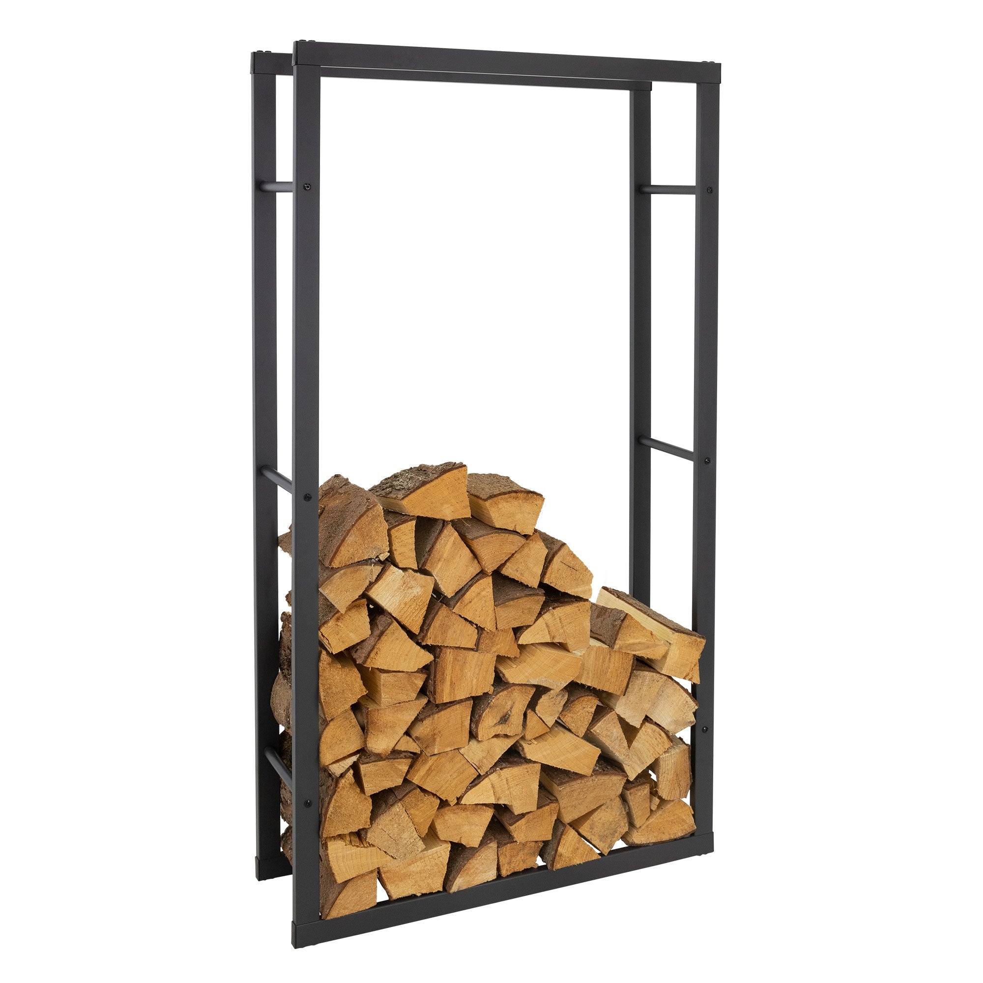 Schwarzes Gestell mit Holzscheiten im Inneren.