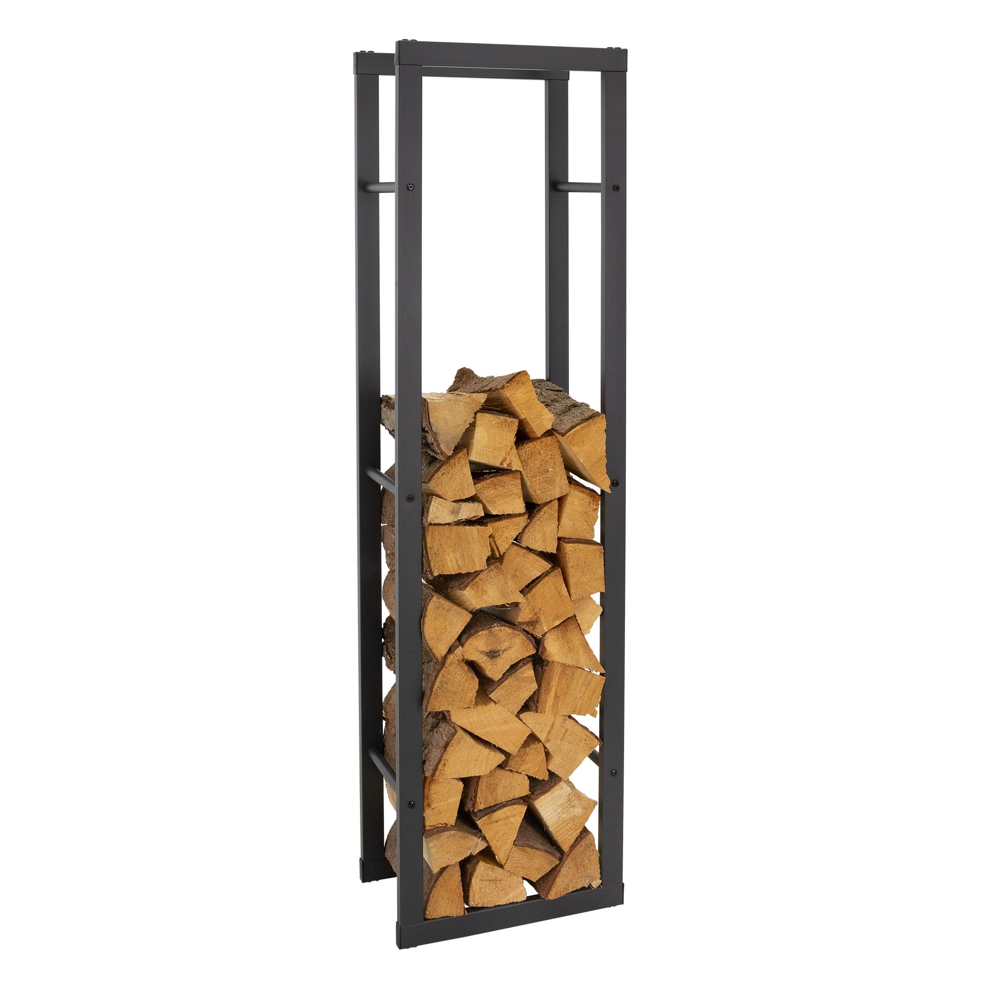 Ein Regalgestell in Schwarz, gefüllt mit gestapeltem Holz.