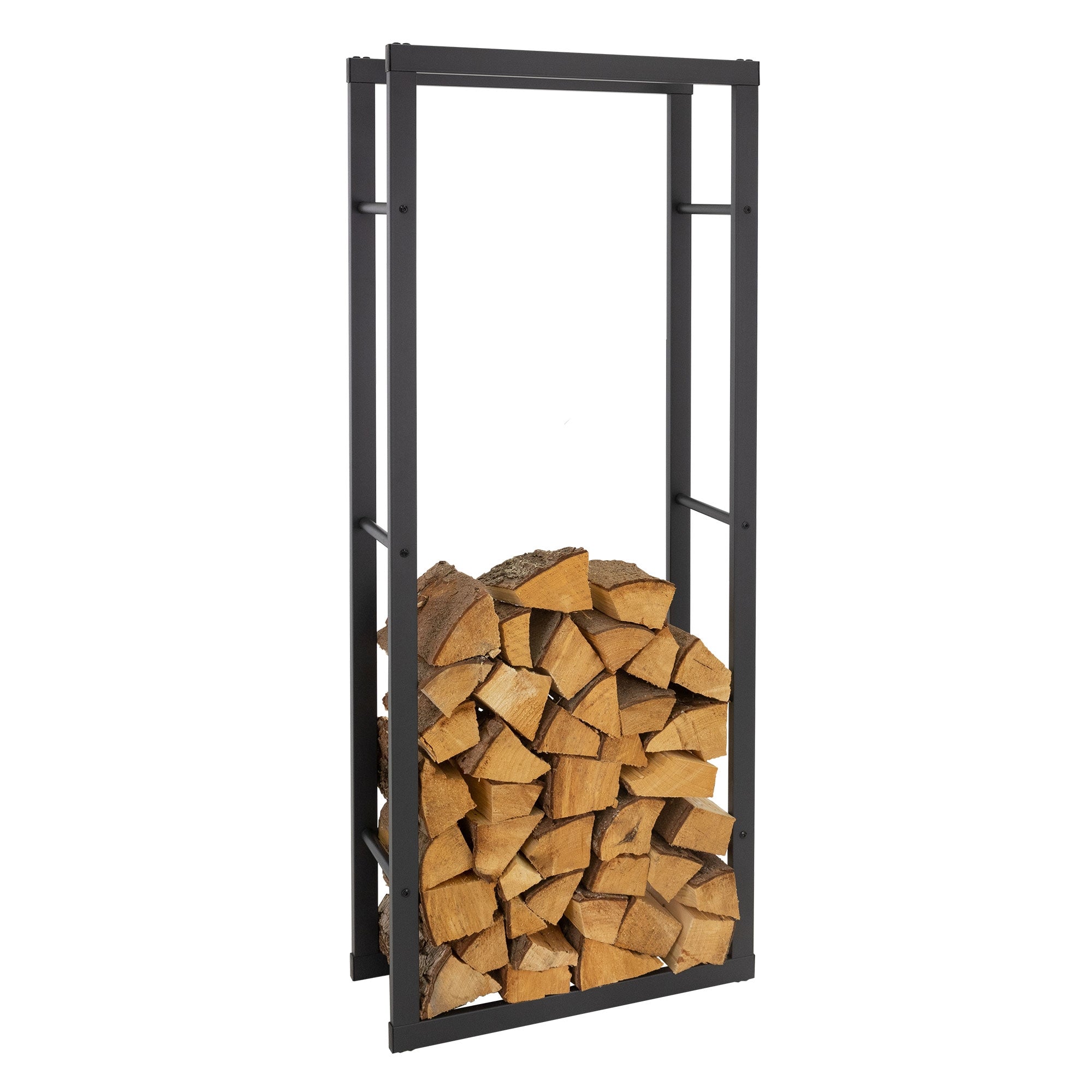 Ein Holzregal mit gestapeltem Holz, schwarz lackiert.