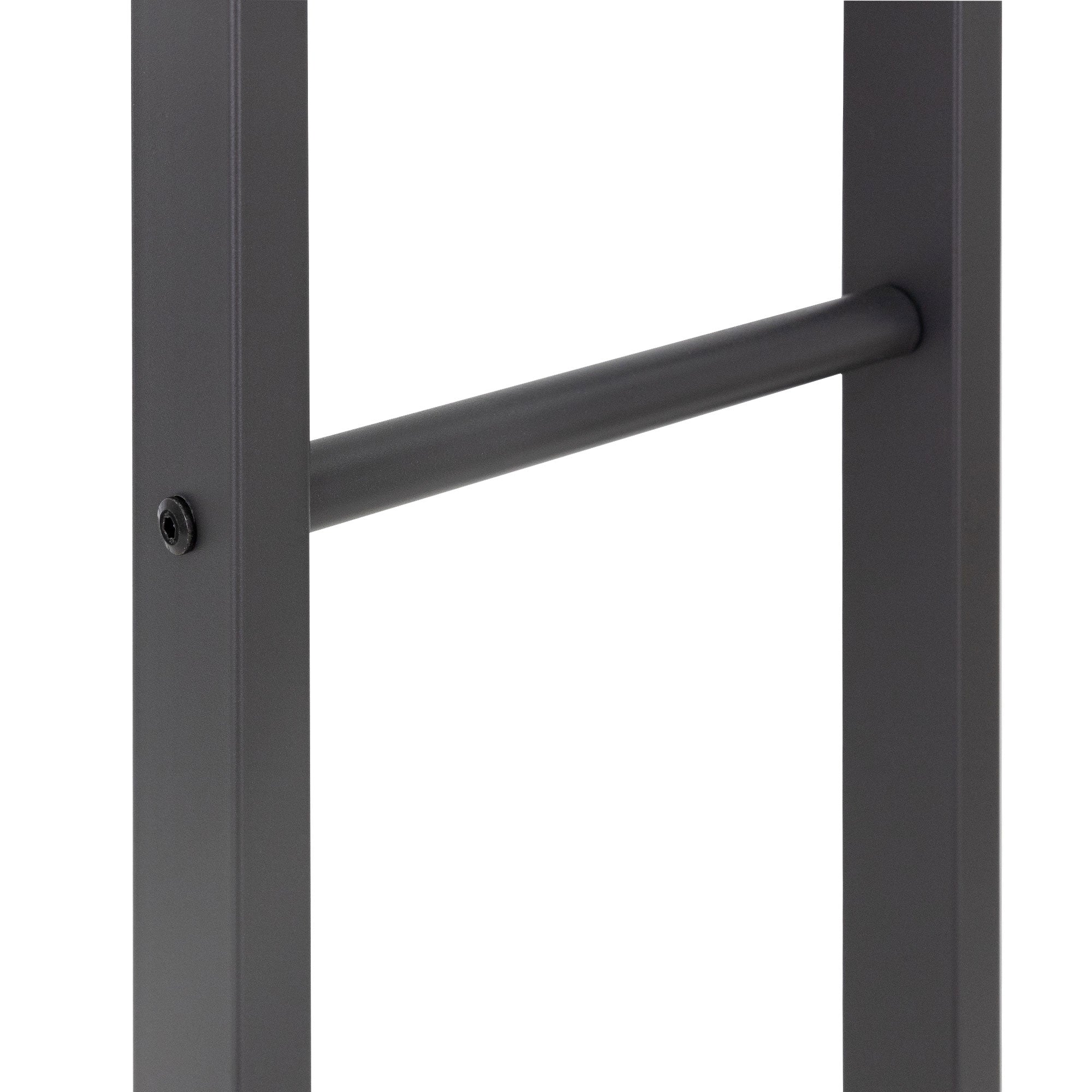 Detailaufnahme eines grauen Metallgestells mit horizontalem Stab.