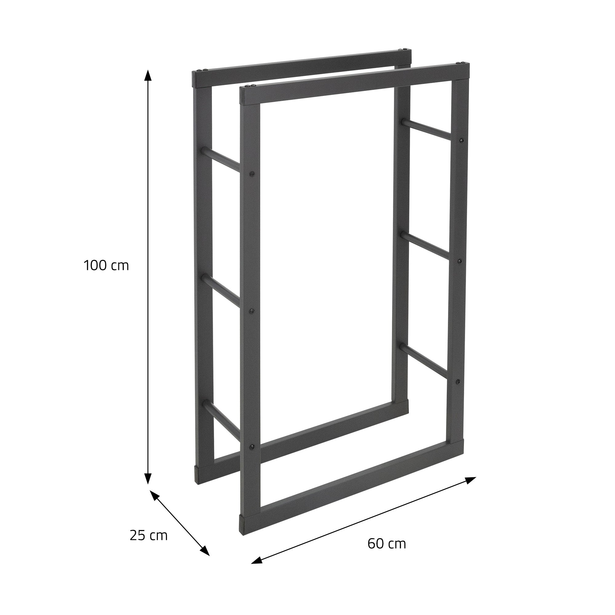 Maßzeichnung eines Holzregals, 100 cm hoch, 60 cm breit, 25 cm tief.