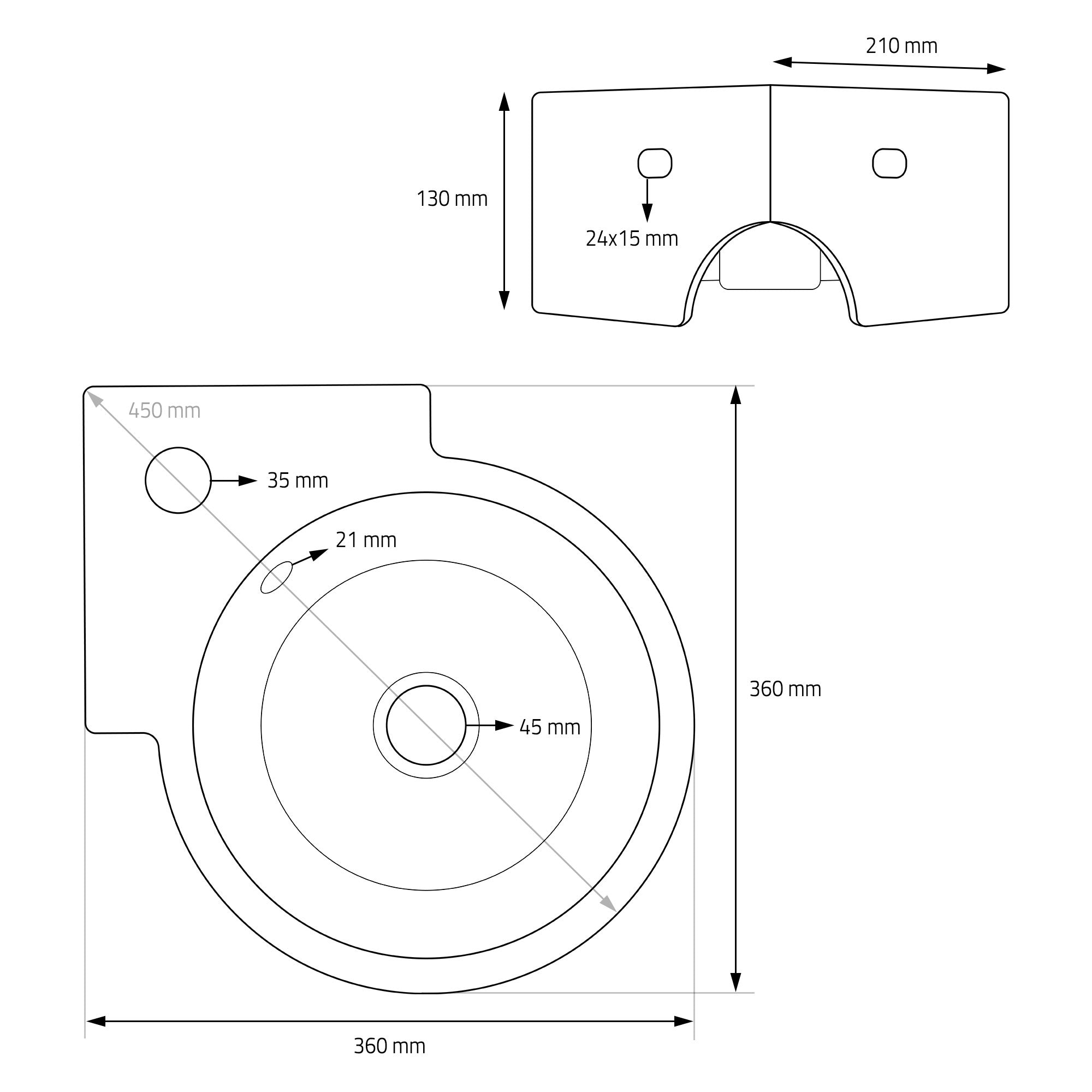 Technical drawing of a round sink with dimensions.
