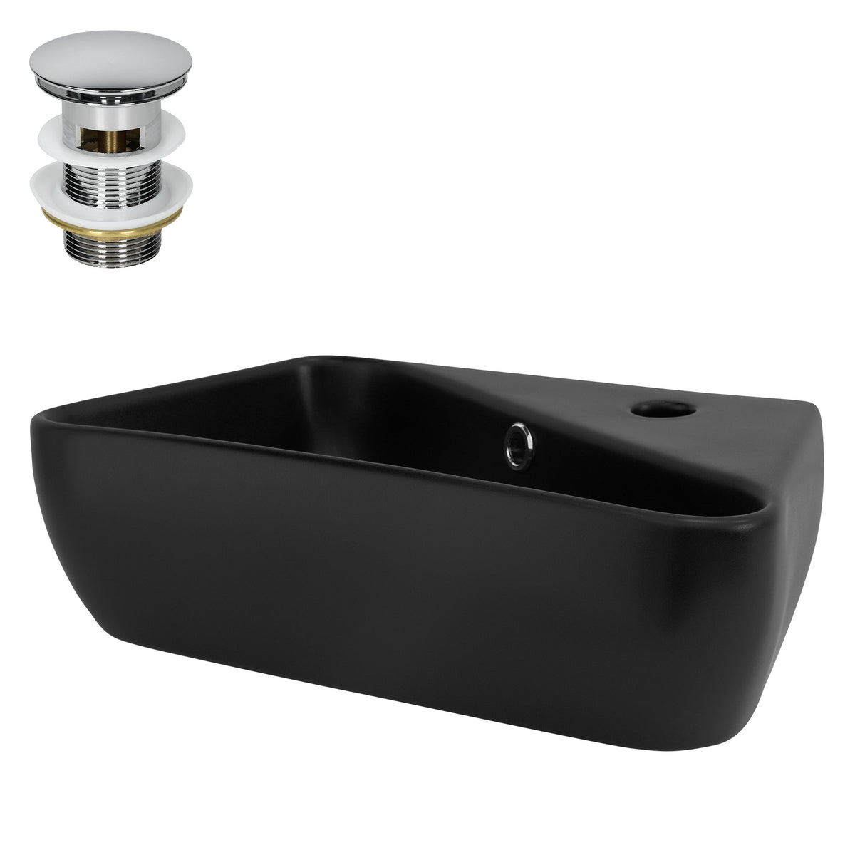 Lavabo negro con desagüe y rebosadero.
