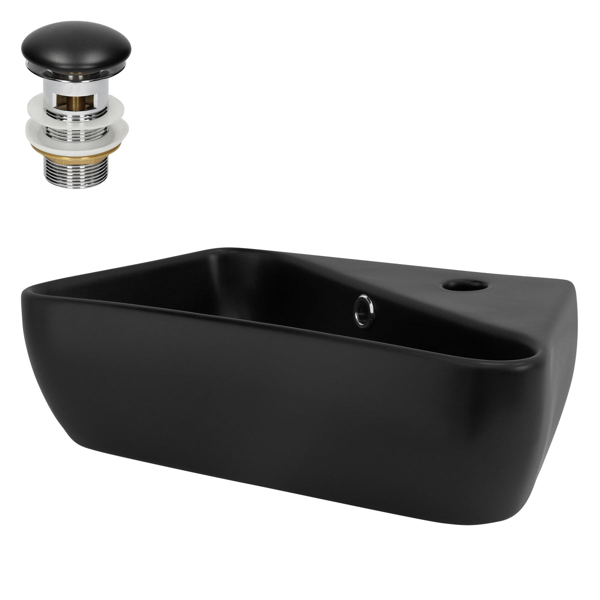 Lavabo negro con desagüe y válvula de desagüe.