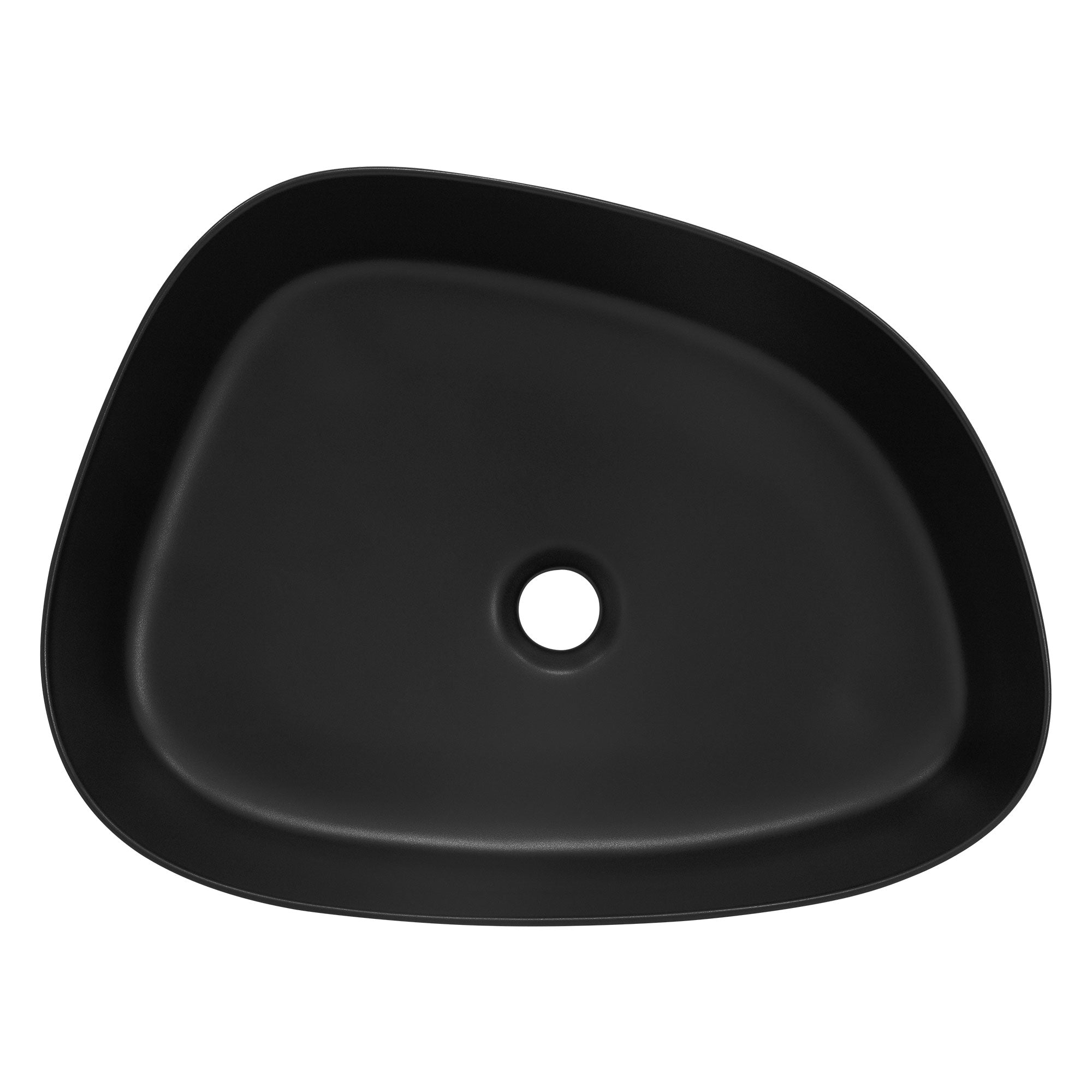 Schwarzes, unregelmäßig geformtes Waschbecken von oben.