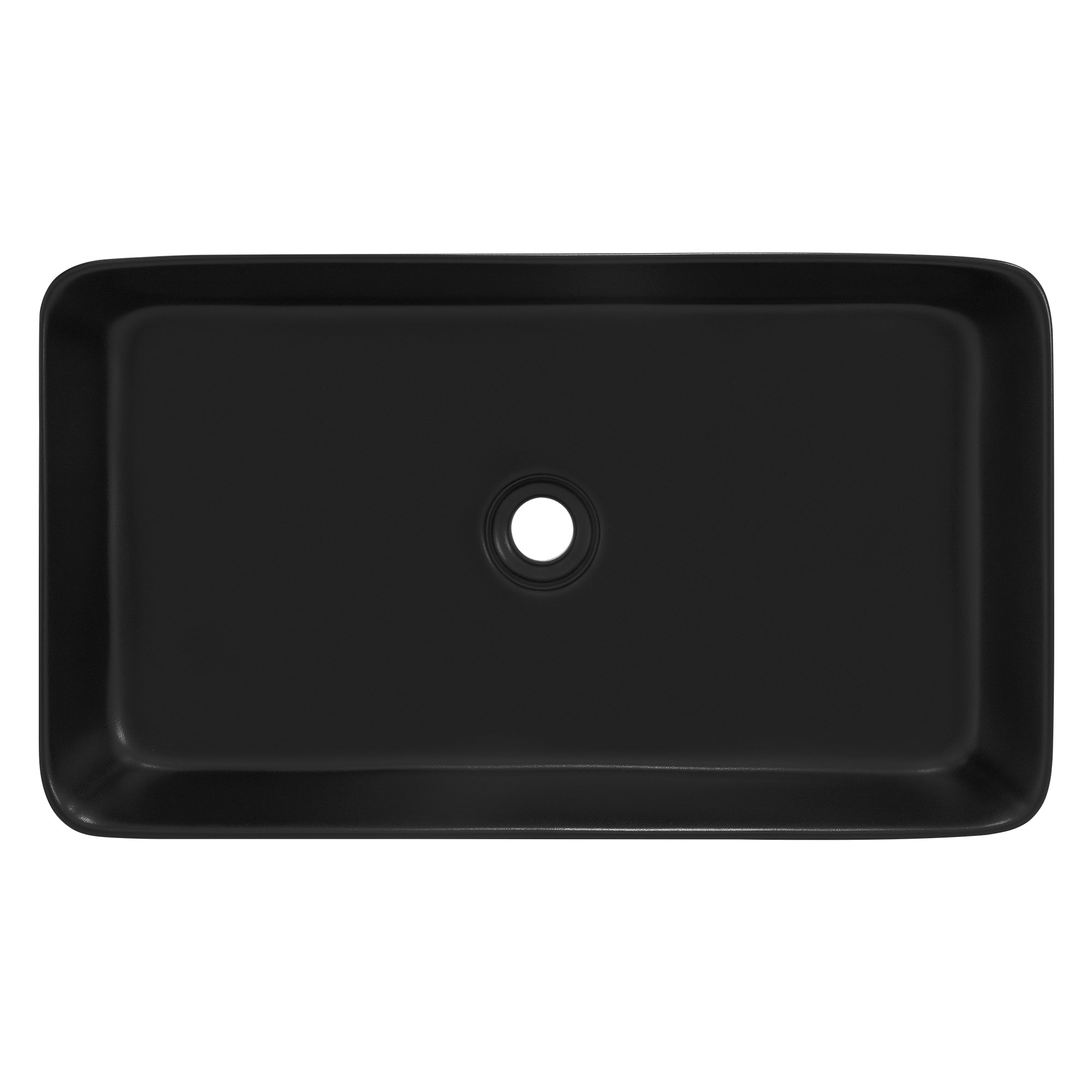 Lavabo negro rectangular con orificio de desagüe en el centro.