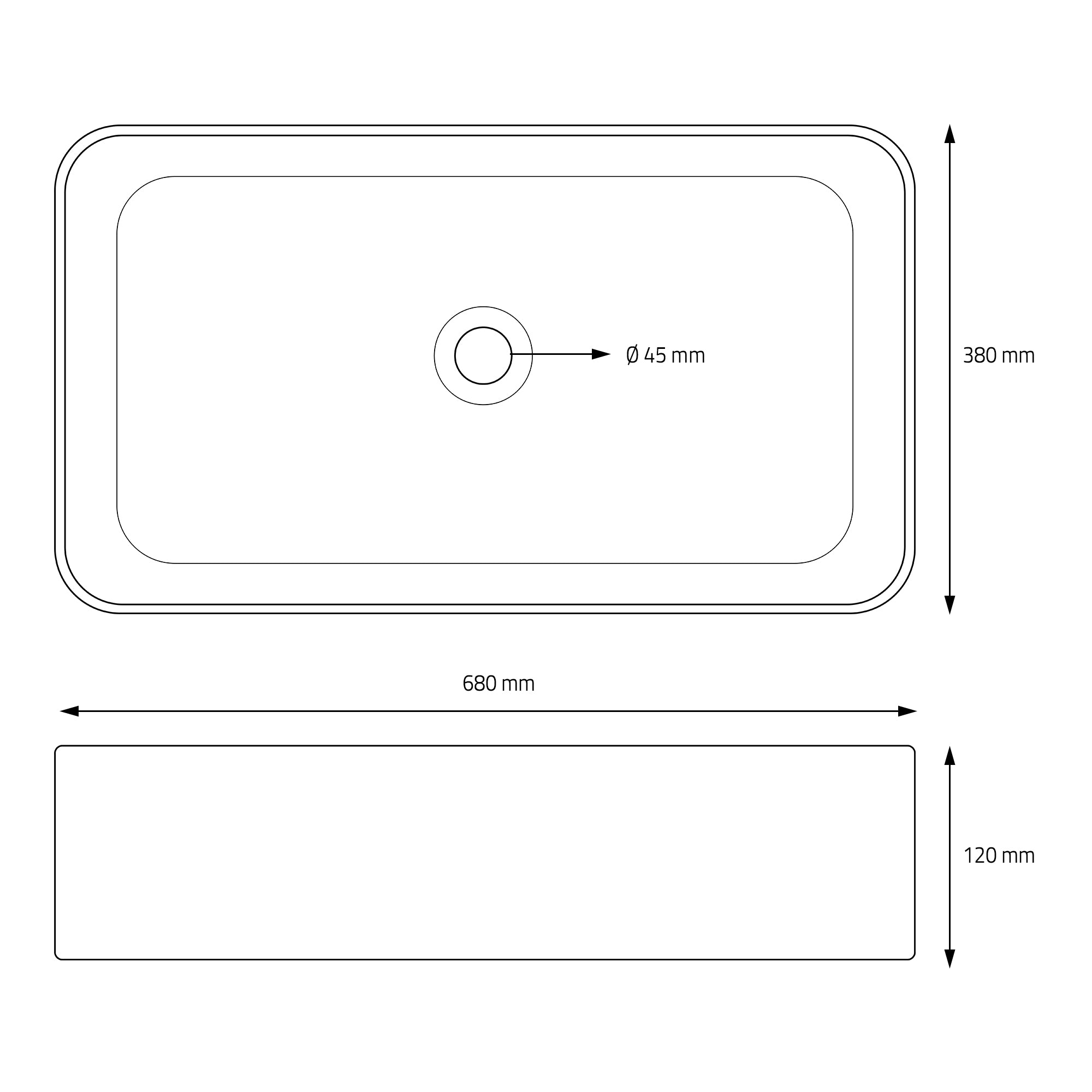 Dibujo técnico de un objeto rectangular con medidas y un agujero en el centro.
