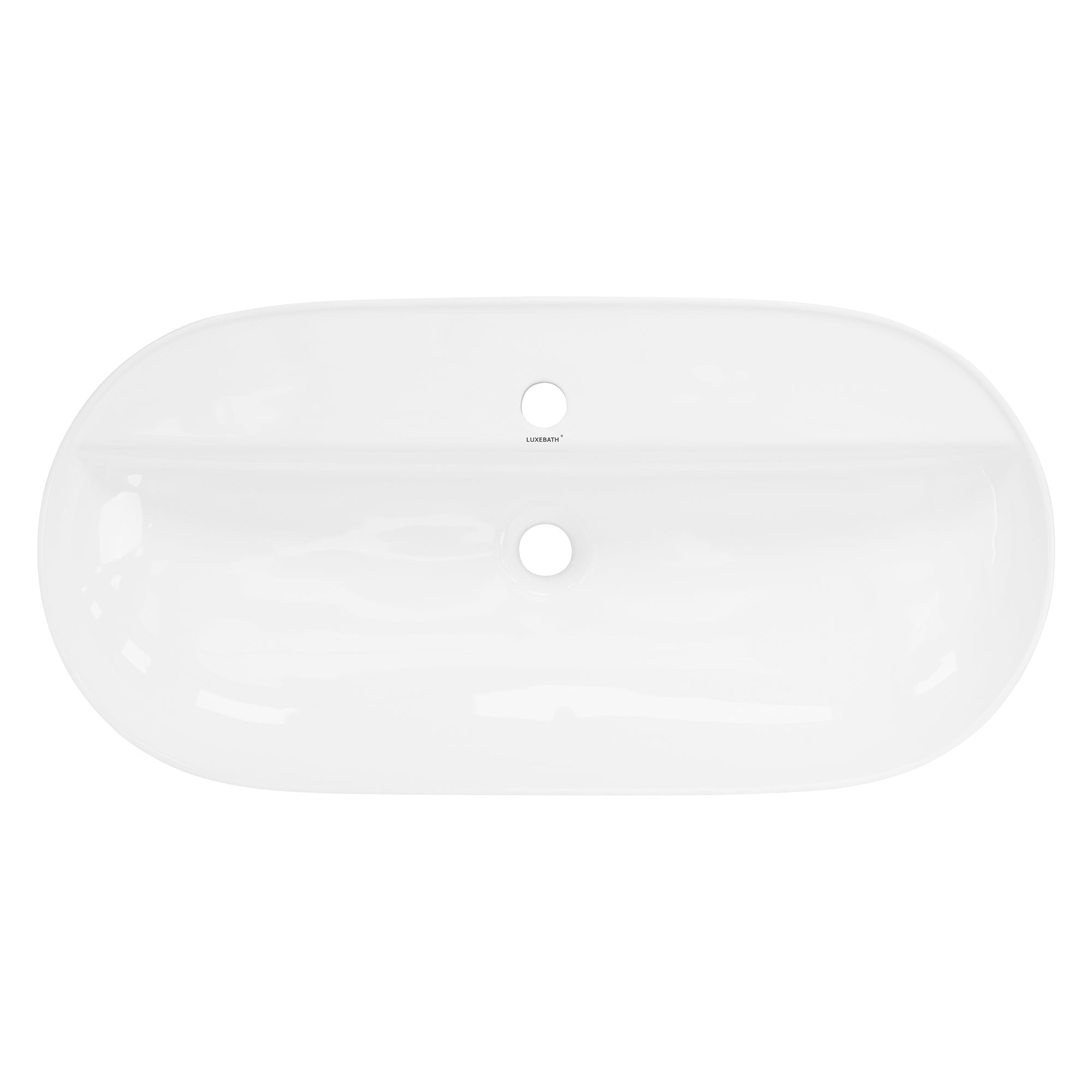 Bovenaanzicht van een witte wastafel met een centrale afvoeropening.