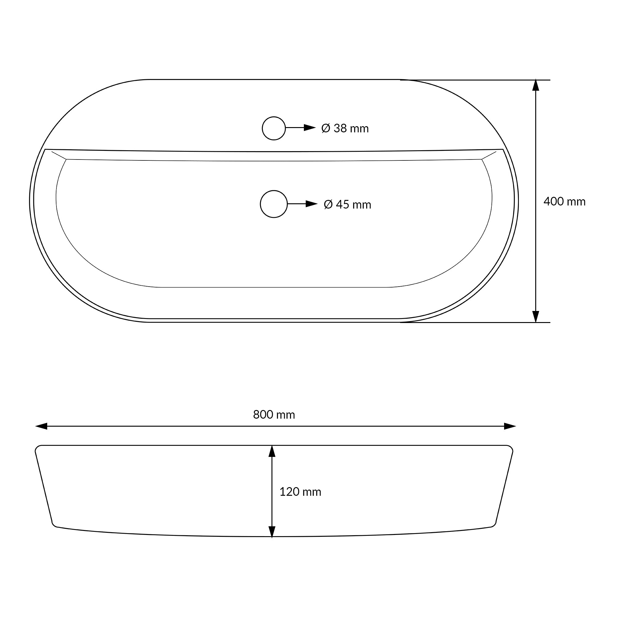 Technical drawing of an oval sink with dimensions.
