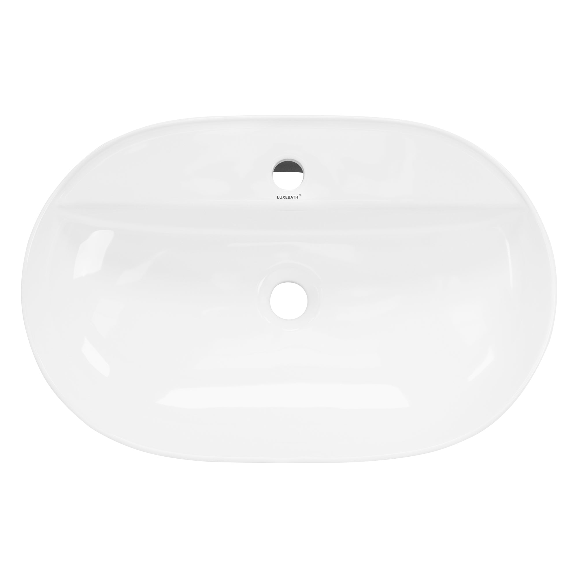 Top view of a white sink with a central drain hole.