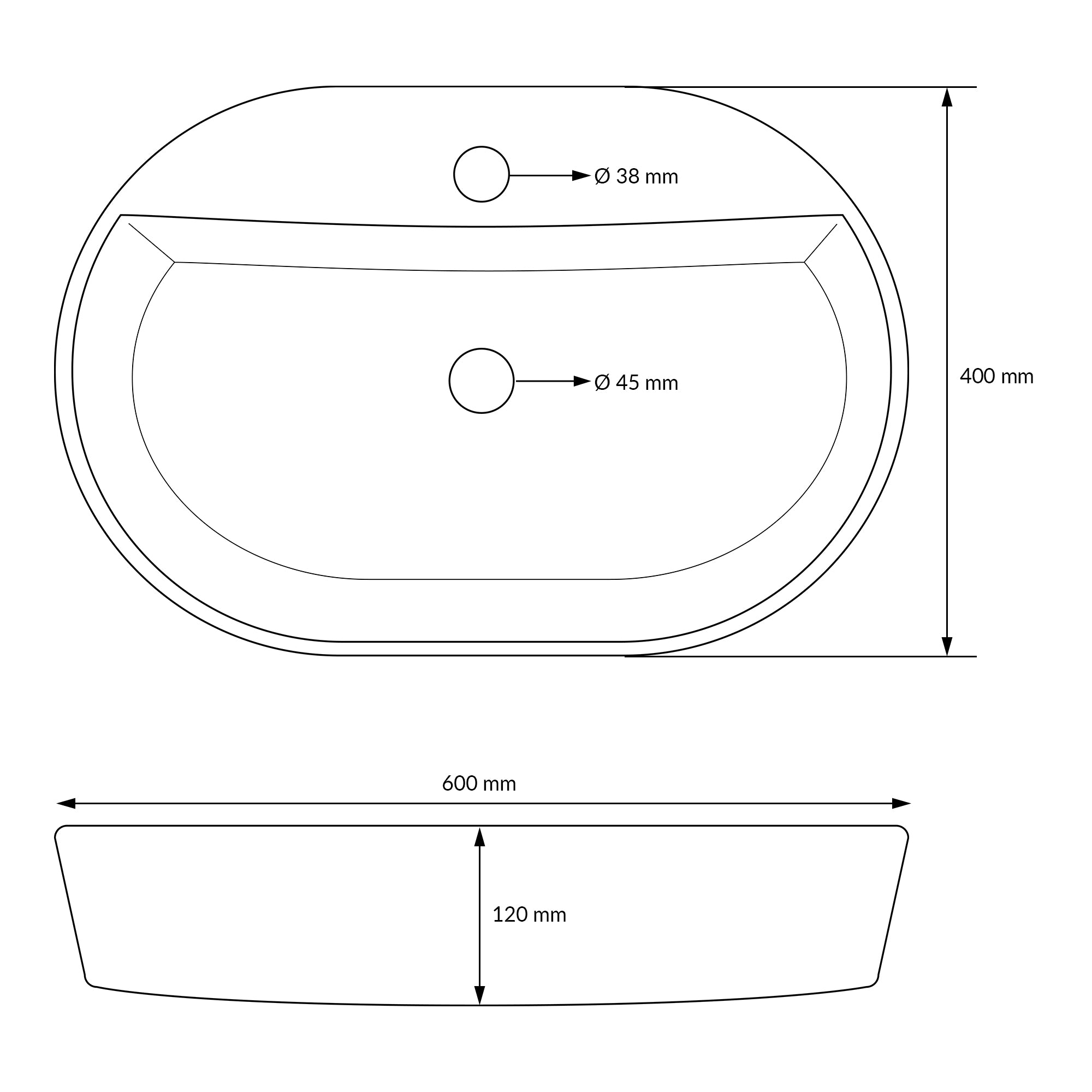 Technical drawing of an oval sink with dimensions.