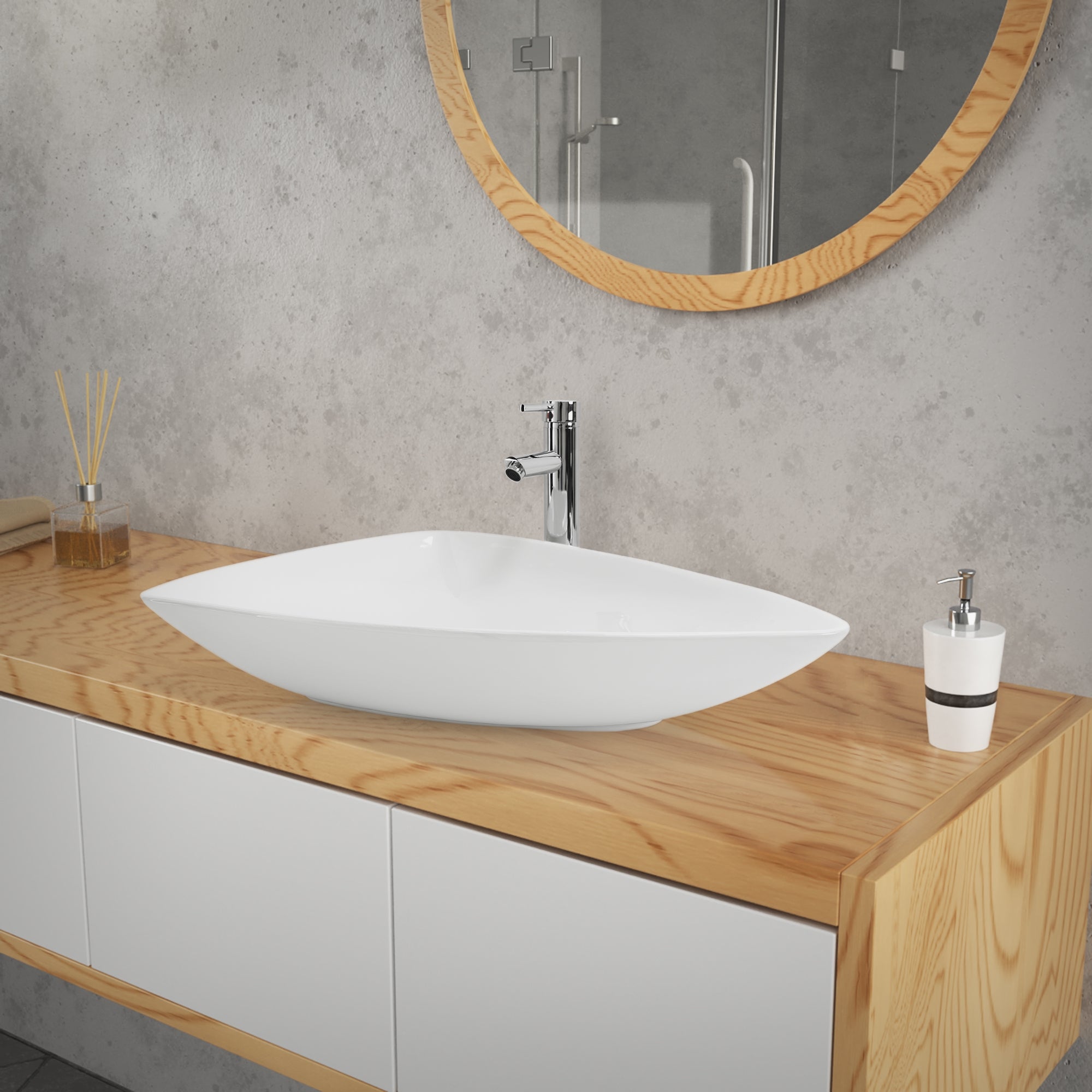 Sink on wooden dresser in front of gray wall with round mirror.
