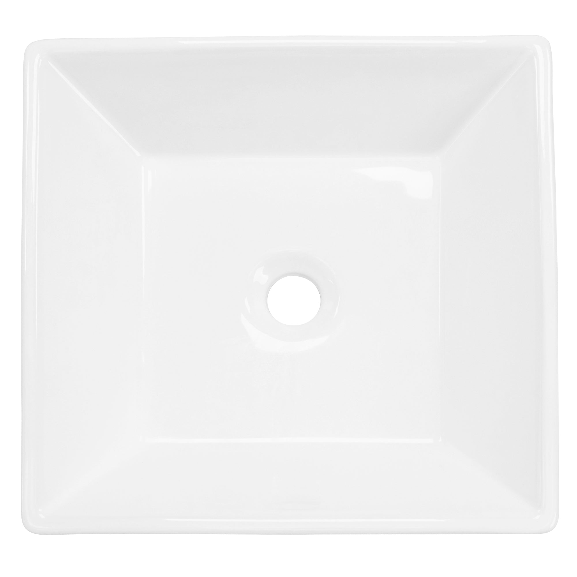 Lavabo blanco cuadrado con orificio de desagüe central.