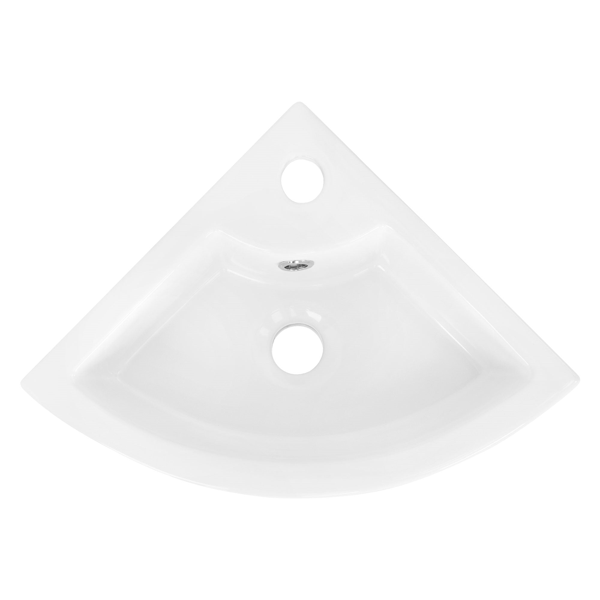 Top view of a white rectangular sink with drain hole.