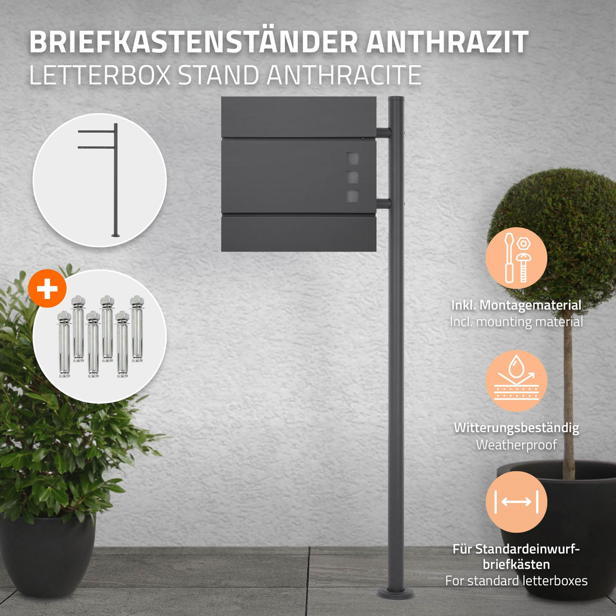 Briefkastenständer in Anthrazit mit Montagezubehör und wetterfestem Material.