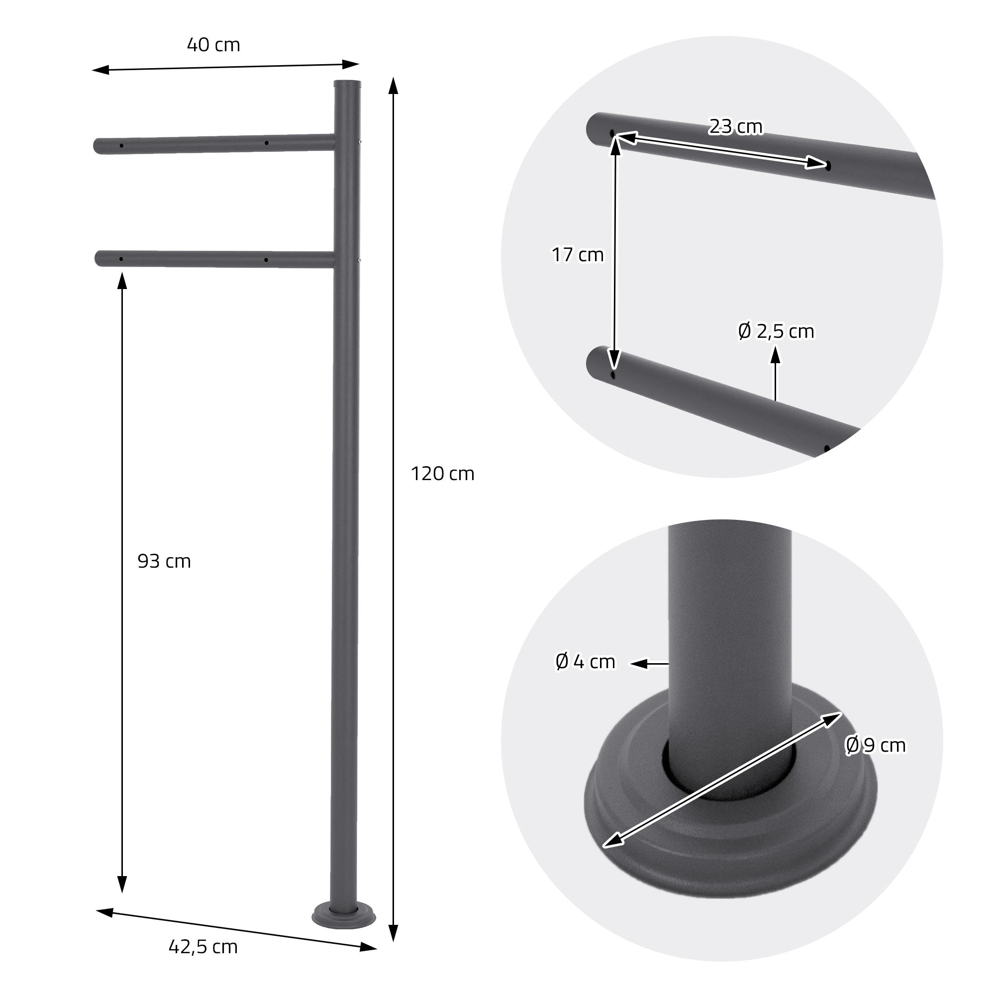 Disegno tecnico di un supporto per cassetta postale con dimensioni e diametri.