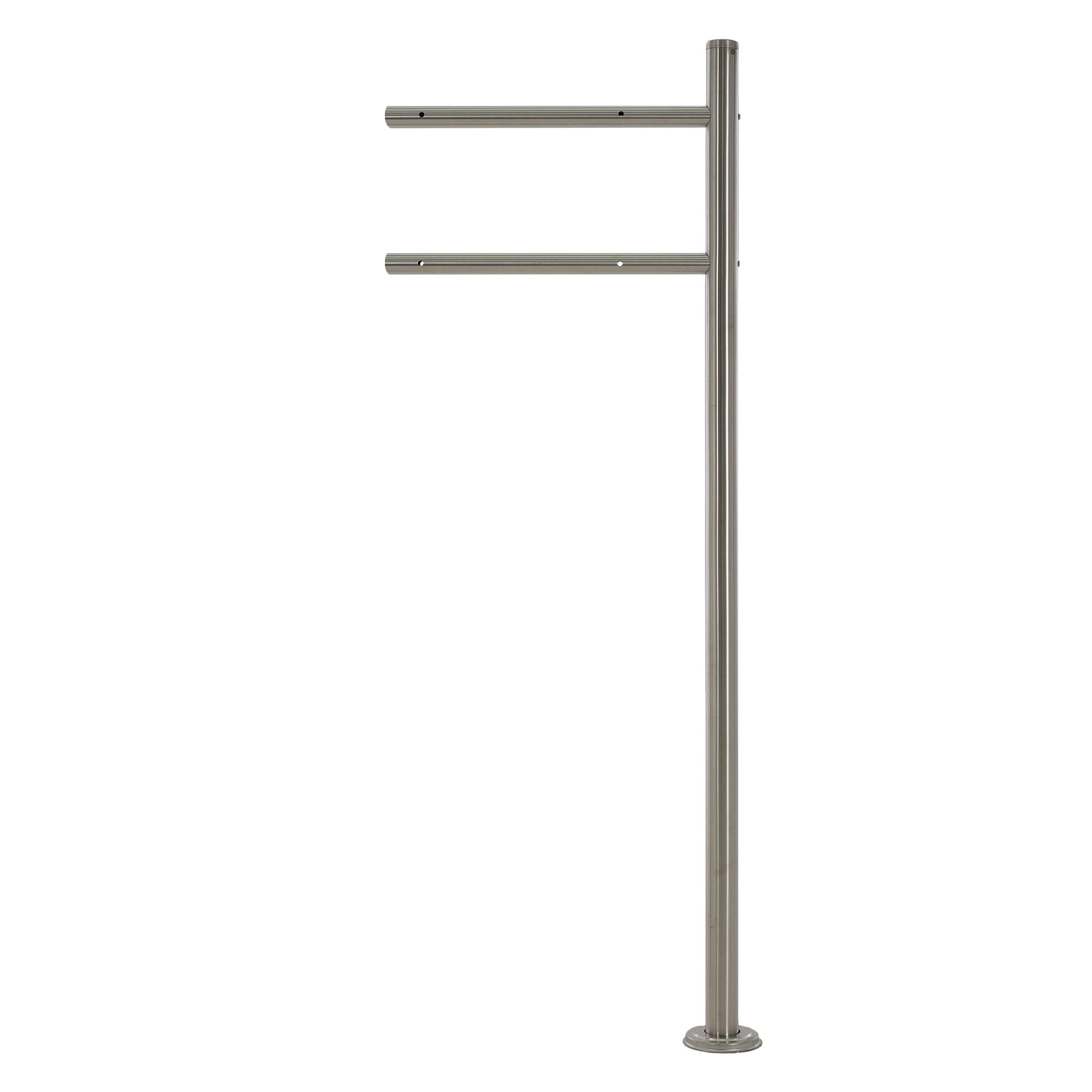 Side view of a metal mailbox stand with two horizontal brackets.