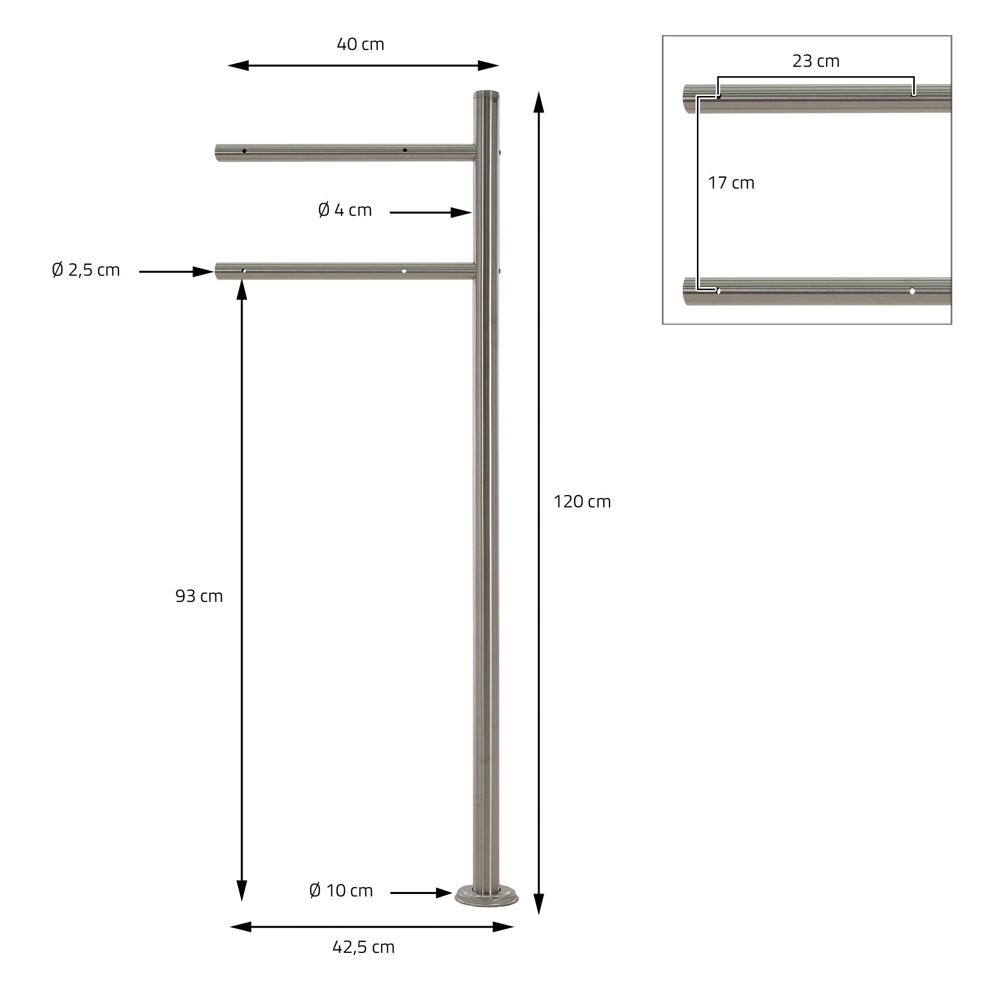 Technical drawing of the mailbox stand with measurements.