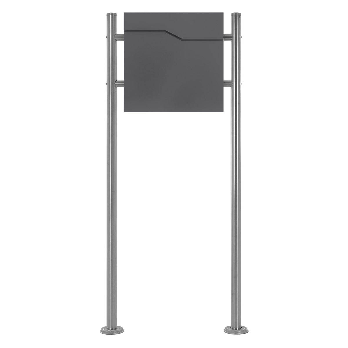 Graues Schild auf zwei Metallpfosten, senkrecht montiert.