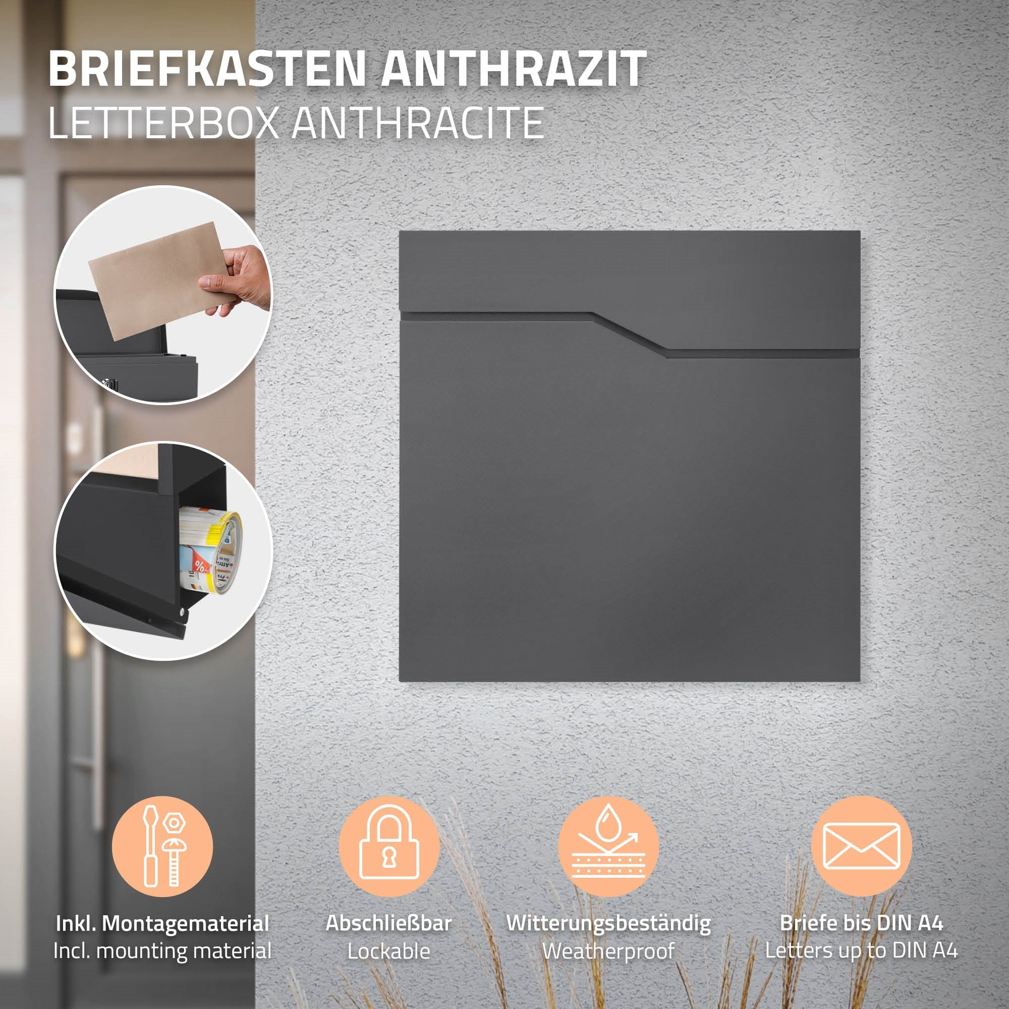 Anthrazitfarbener Briefkasten mit Montageanleitung und Schlüsseln.